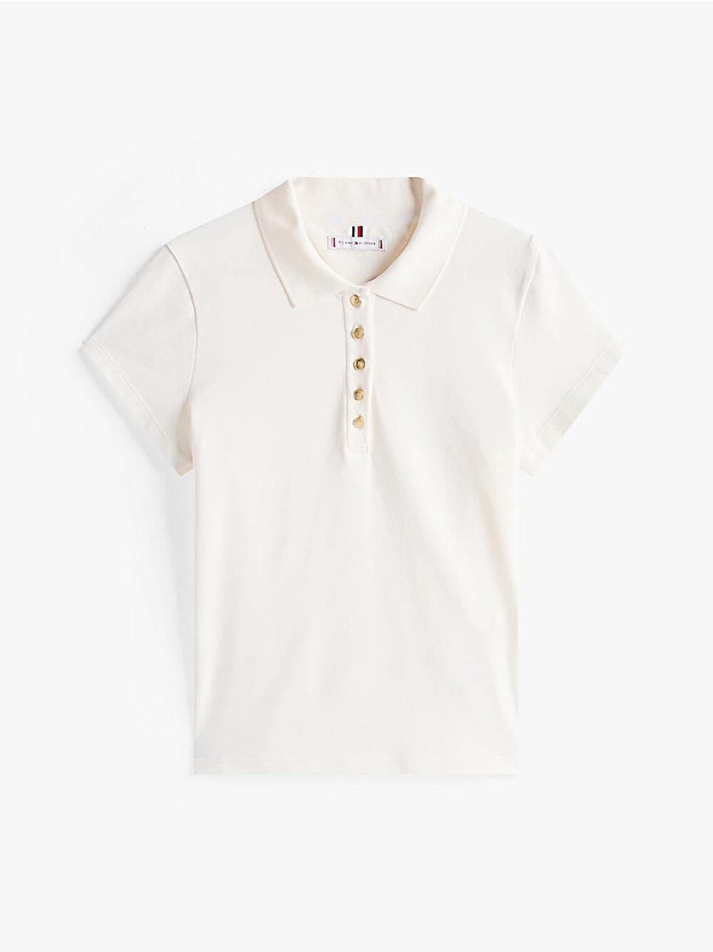 TOMMY HILFIGER Tommy Hilfiger Kadın Slim Fit Gold Düğme Detaylı Esnek Pamuklu Kısa Kollu Beyaz Polo Yaka T-Shirt WW0WW45768-YA8