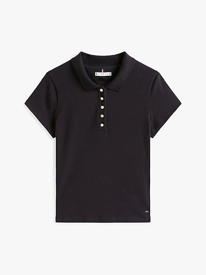 TOMMY HILFIGER Tommy Hilfiger Kadın Slim Fit Gold Düğme Detaylı Esnek Pamuklu Kısa Kollu Siyah Polo Yaka T-Shirt WW0WW45768-BDS