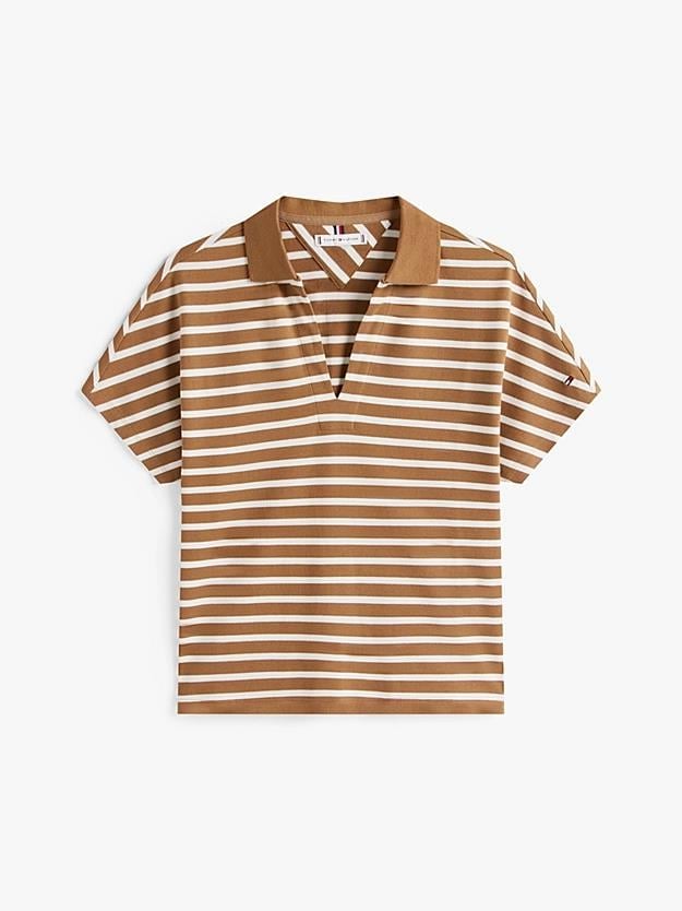 TOMMY HILFIGER Tommy Hilfiger Kadın V Yaka Kısa Kol Düz Dokuma Kumaş Kahverengi Polo Yaka T-Shirt WW0WW46512-0BN