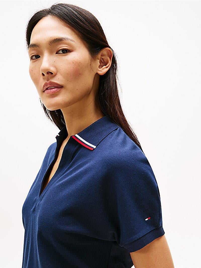 TOMMY HILFIGER Tommy Hilfiger Kadın V Yaka Kısa Kol Düz Dokuma Kumaş Mavi Polo Yaka T-Shirt WW0WW46512-C1G