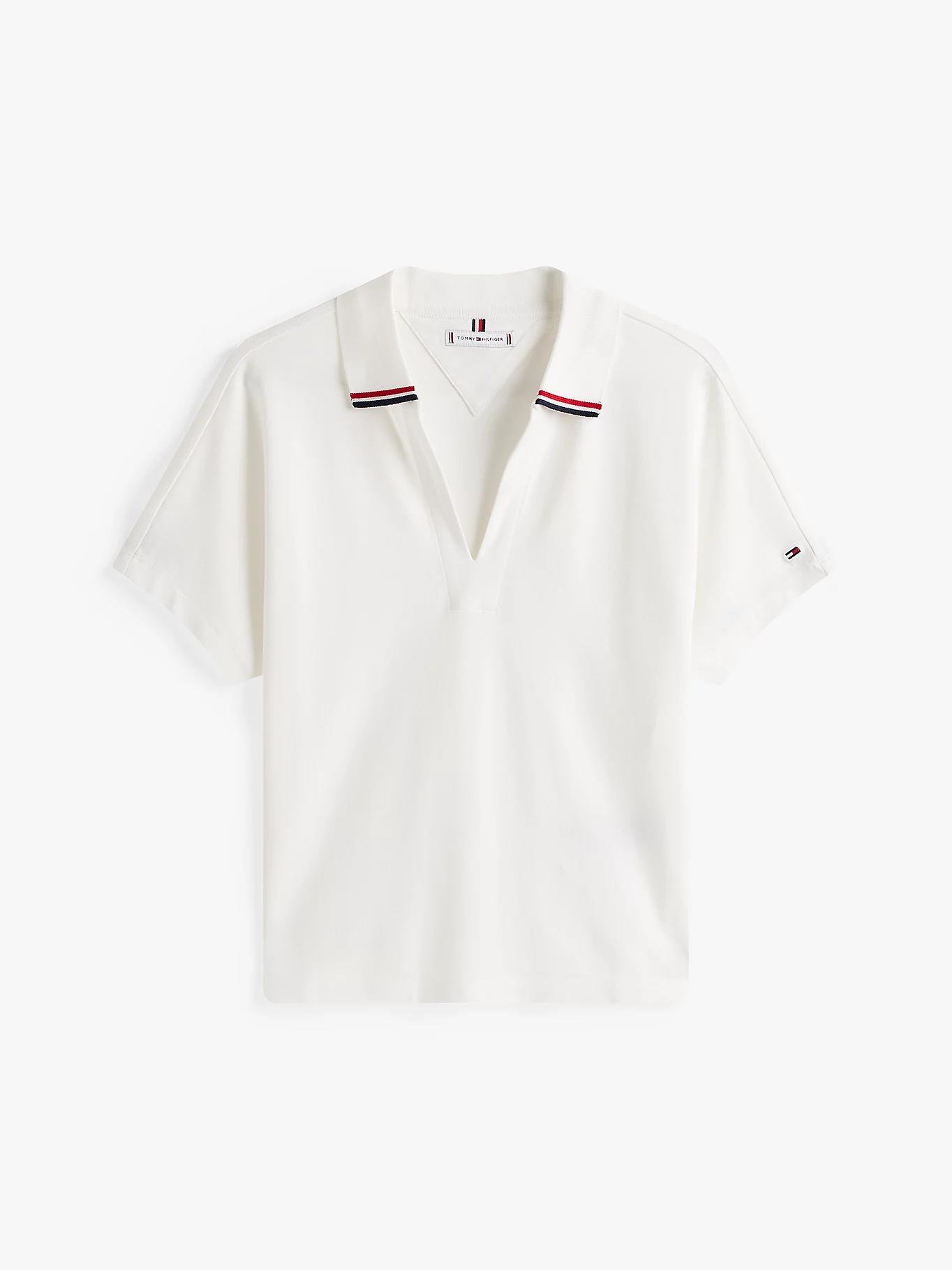TOMMY HILFIGER Tommy Hilfiger Kadın V Yaka Kısa Kol Düz Dokuma Kumaş Beyaz Polo Yaka T-Shirt WW0WW46512-YBL
