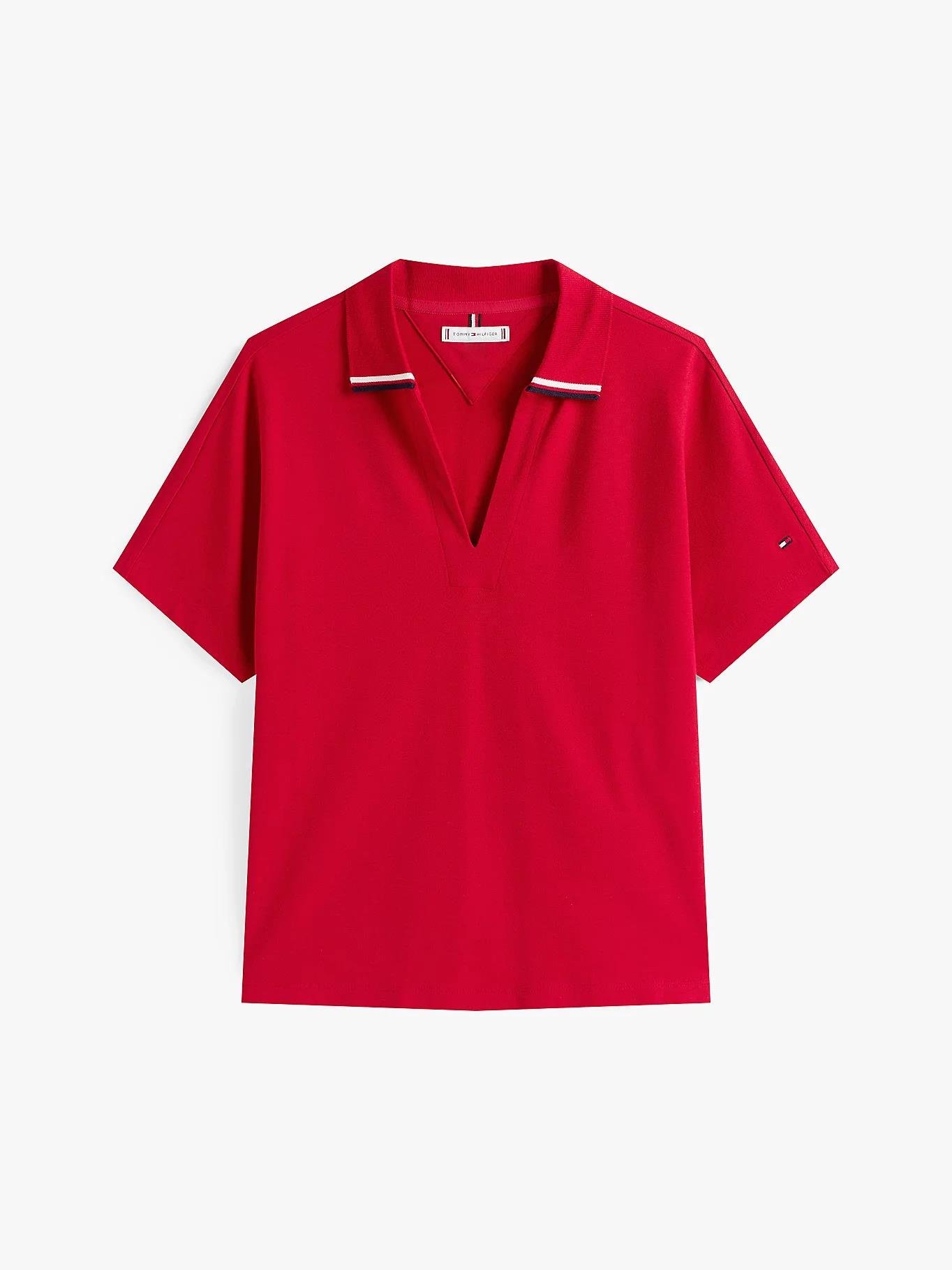 TOMMY HILFIGER Tommy Hilfiger Kadın V Yaka Kısa Kol Düz Dokuma Kumaş Kırmızı Polo Yaka T-Shirt WW0WW46512-XLD