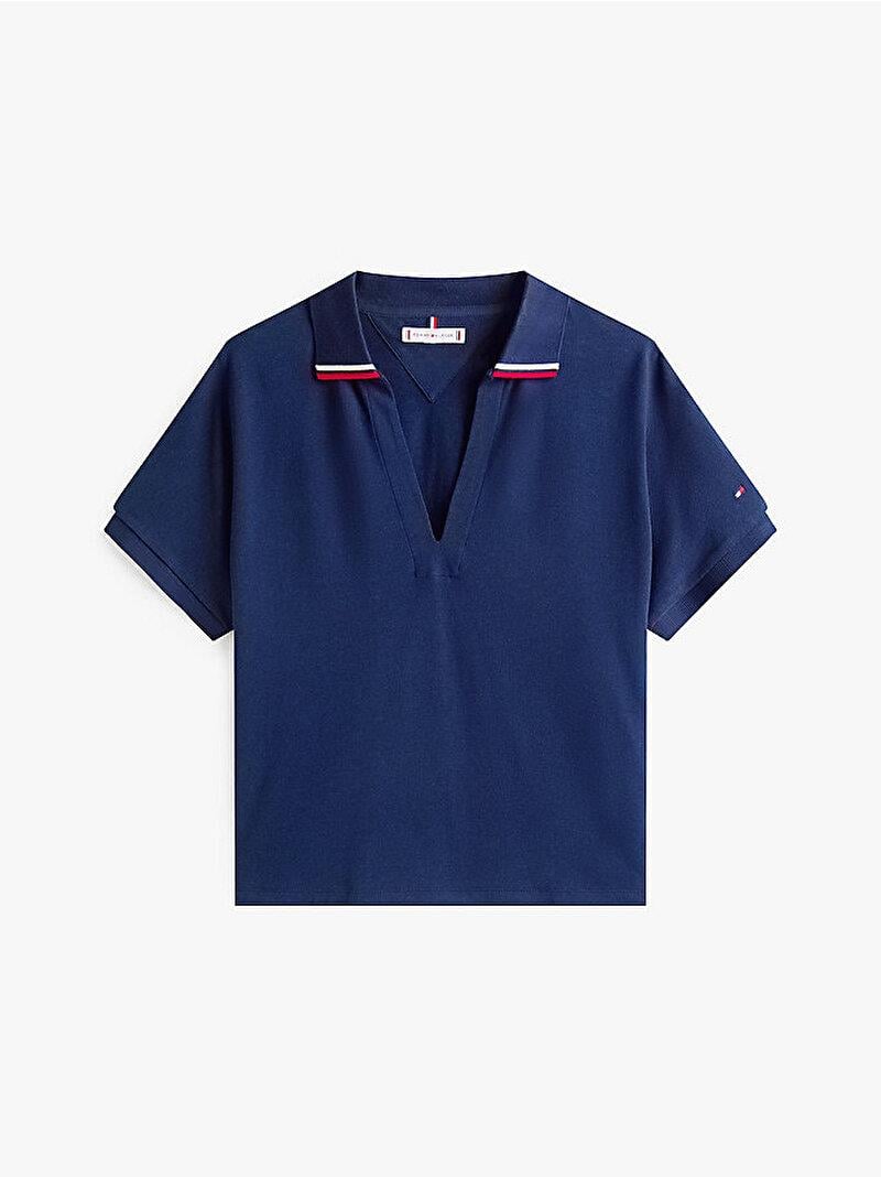 TOMMY HILFIGER Tommy Hilfiger Kadın V Yaka Kısa Kol Düz Dokuma Kumaş Mavi Polo Yaka T-Shirt WW0WW46512-C1G