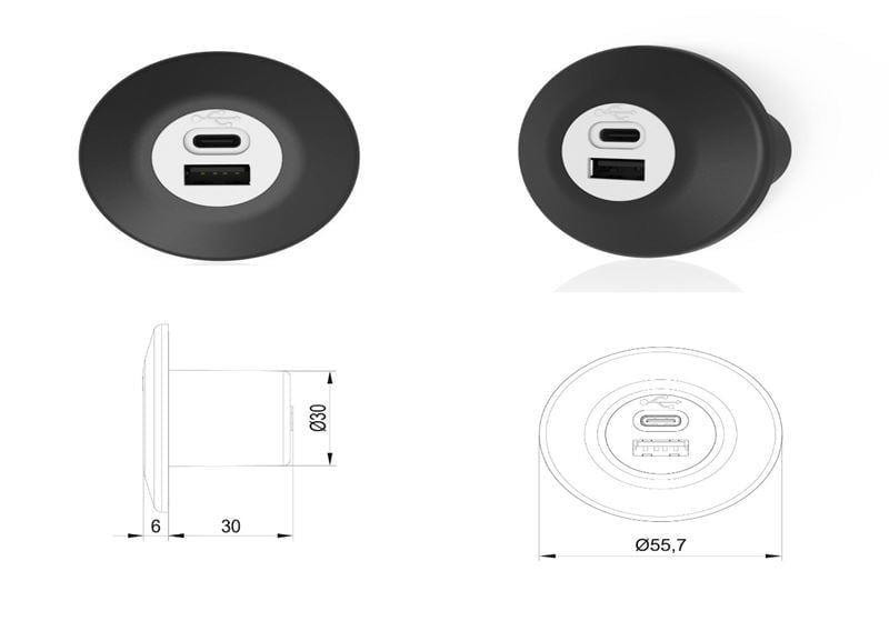 12V 24V 2A GÖMME TİP USB CHARGER MAVİ LED TYPE-A TYPE-C