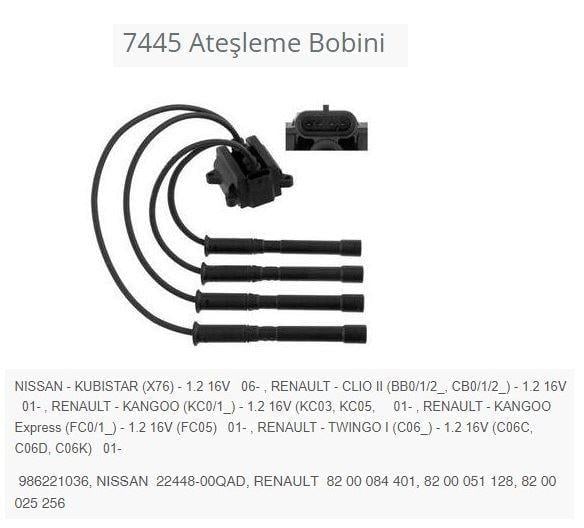 ATEŞLEME BOBİNİ NISSAN - KUBISTAR X76 - 1.2 16V 06 -.RENAULT - CLIO II BB0/1/2_. CB0/1/2_ - 1.2 16V 01-.RENAULT - KANGOO KC0/1_ - 1.2 16V KC03. KC05. 01-.RENAULT - KANGOO EXPRESS FC0/1_ - 1.2 16V FC05 01-.RENAULT - TWINGO I C06_ - 1.2 16V C06C. C06D.
