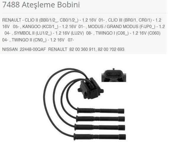 ATEŞLEME BOBİNİ RENAULT - CLIO II BB0/1/2_. CB0/1/ 2_ - 1.2 16V 01-.CLIO III BR0/1. CR0/1 - 1.2 16V 05-.KANGOO KC0/1_ - 1.2 16V 01-.MODUS / GRAND MODUS F/JP0_ - 1.2 04-.SYMBOL II LU1/2_ - 1.2 16V LU2V 08-.TWINGO I C06_ - 1.2 16V C060 04-.TWINGO II CN0