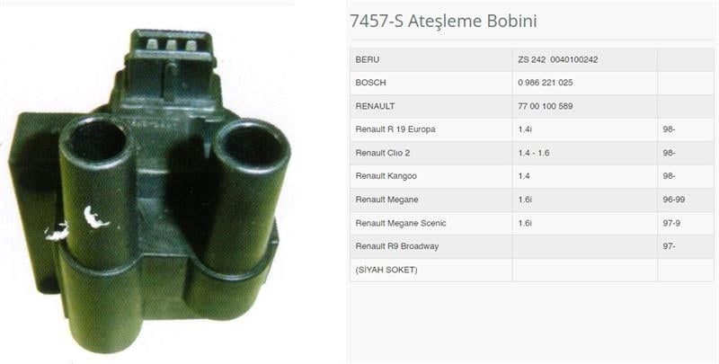ATEŞLEME BOBİNİ SİYAH SOKET R9 BROADWAY 97>R19 EUROPA 1.4İ 98 CLIO II 1.4 1.6 98>KANGOO 1.4 98 MEGANE SCENIC 1.6İ 97>99