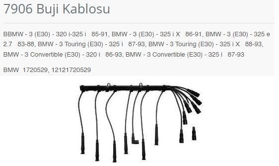BUJİ KABLOSU BBMW - 3 E30 - 320 İ-325 İ 85-91. BMW - 3 E30 - 325 İ X 86-91. BMW - 3 E30 - 325 E 2.7 83-88. BMW - 3 TOURİNG E30 - 325 İ 87-93. BMW - 3 TOURİNG E30 - 325 İ X 88-93. BMW - 3 CONVERTİBLE E30 - 320 İ 86-93. BMW - 3 CONVERTİBLE E30 - 325 İ