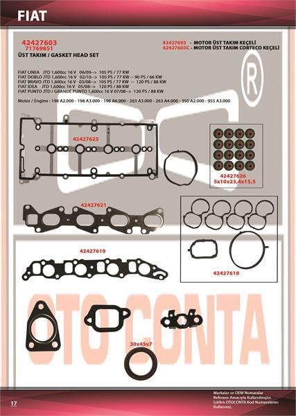 FİAT LİNEA DOBLO JTD 1.600 16 V ÜST TAKIM SİLİNDİR KAPAK CONTASIZ KEÇELİ SUBAP LASTİKLİ 198 A2.000-263 A3.000