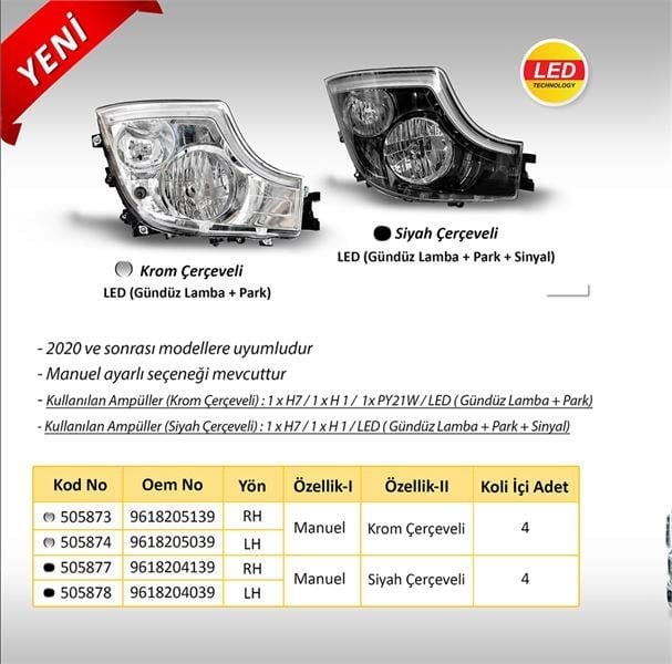 MERCEDES ACTROS MP IV - EURO 6 FAR KROM ÇERÇEVELİ SOL MANUEL - LED DRL