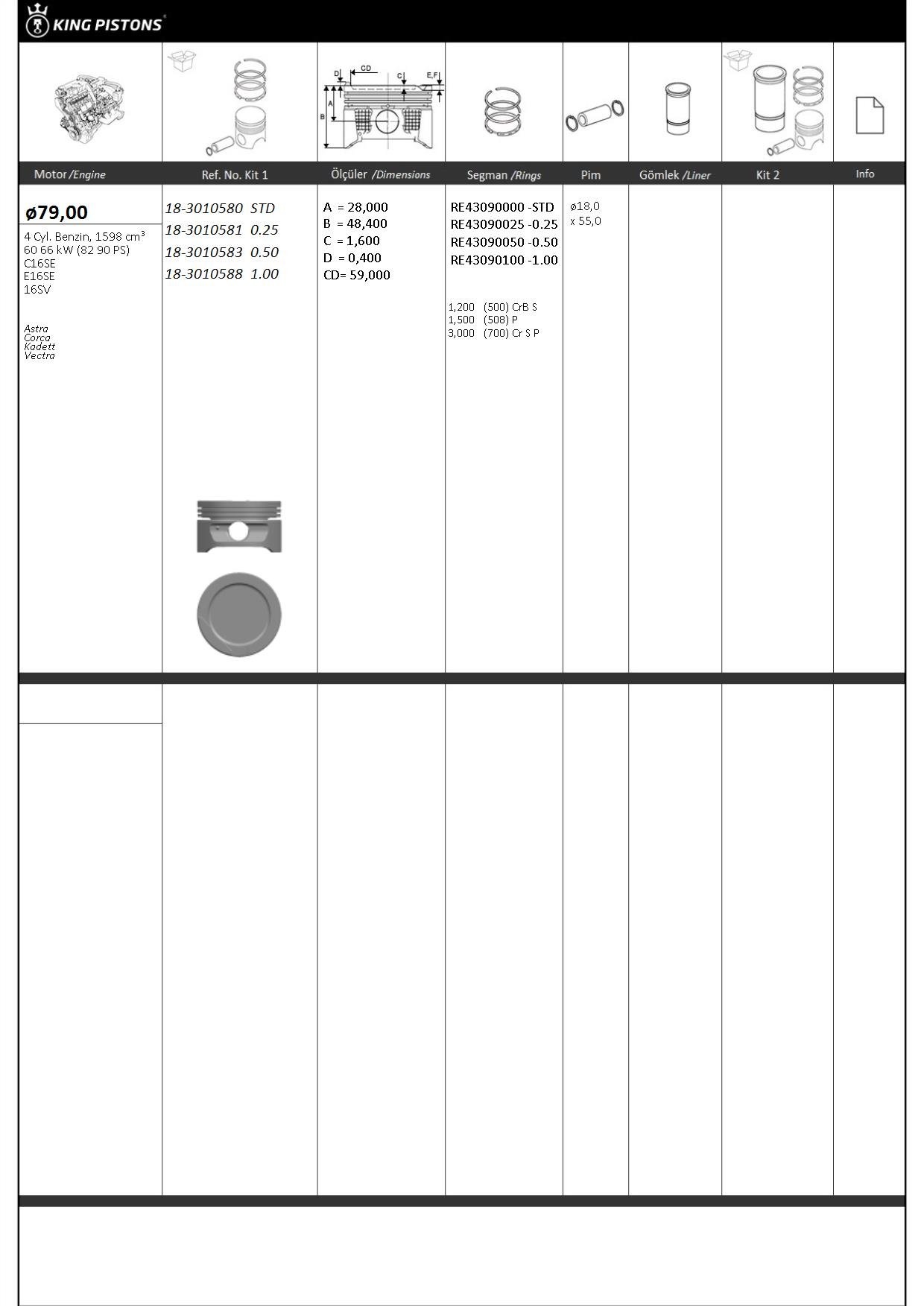 PİSTON SEGMAN STD 79mm (OPEL: ASTRA-CORSA-KADETT-VECTRA) (C16SE-E16SE)