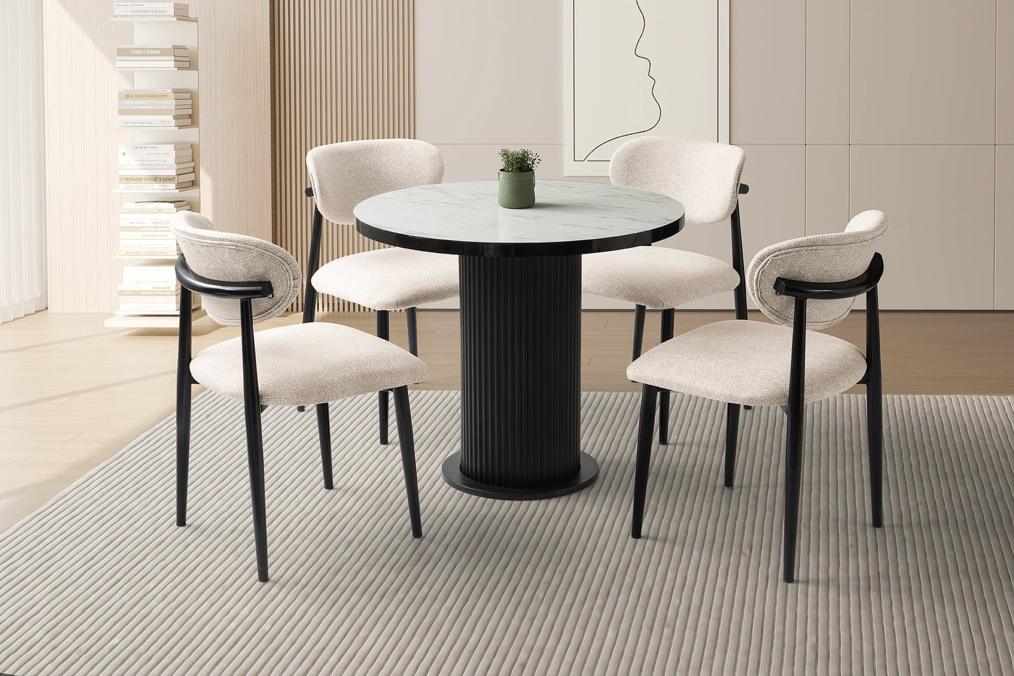 Levent Mtk.0248-255 Yuvarlak Ptt Ayak 100*100 Masa + Sn0091 Polo Sandalye Marmo Siyah
