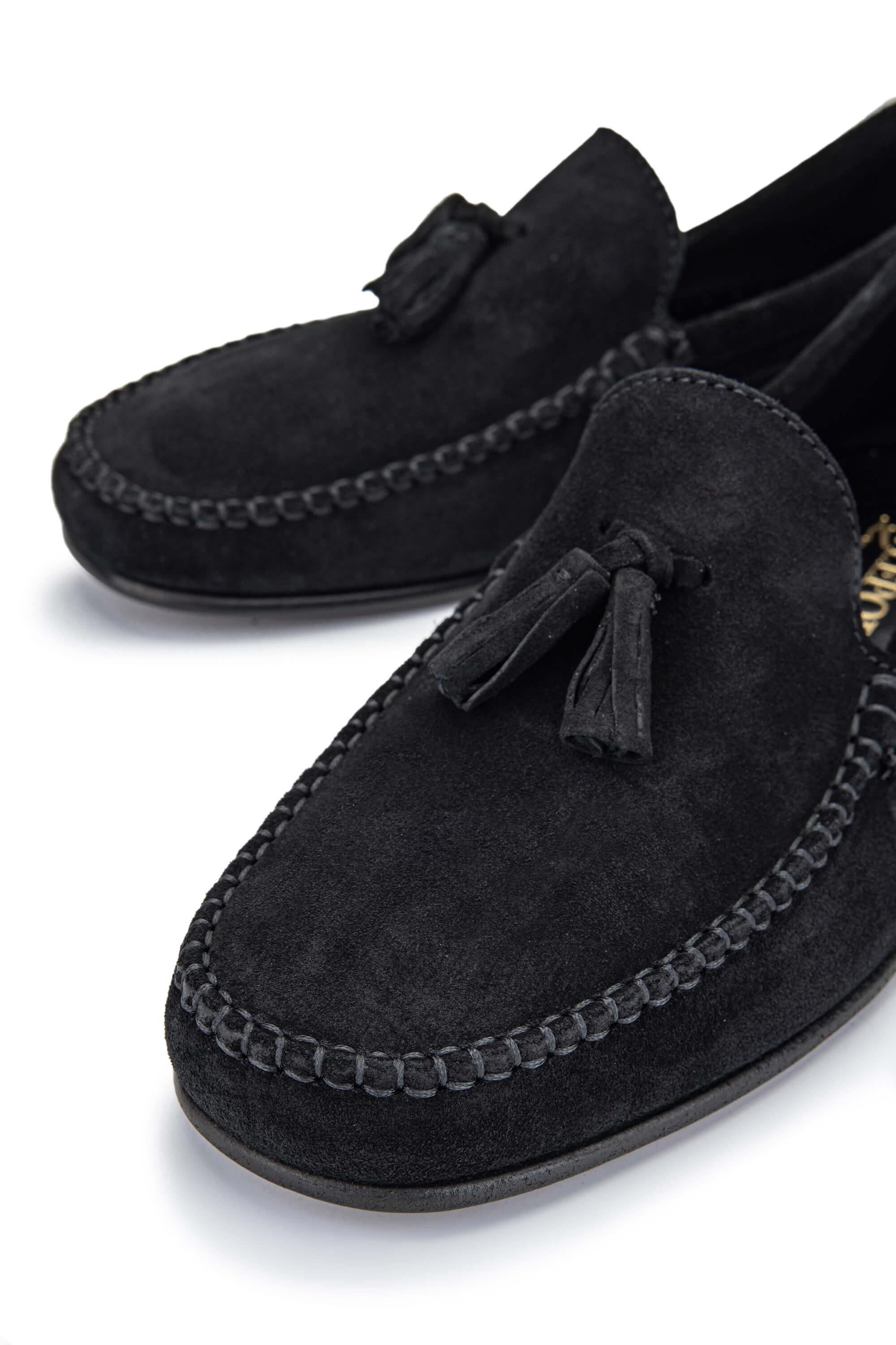 D.LEPORI Erkek Hakiki Deri Siyah Süet Loafer Ayakkabı