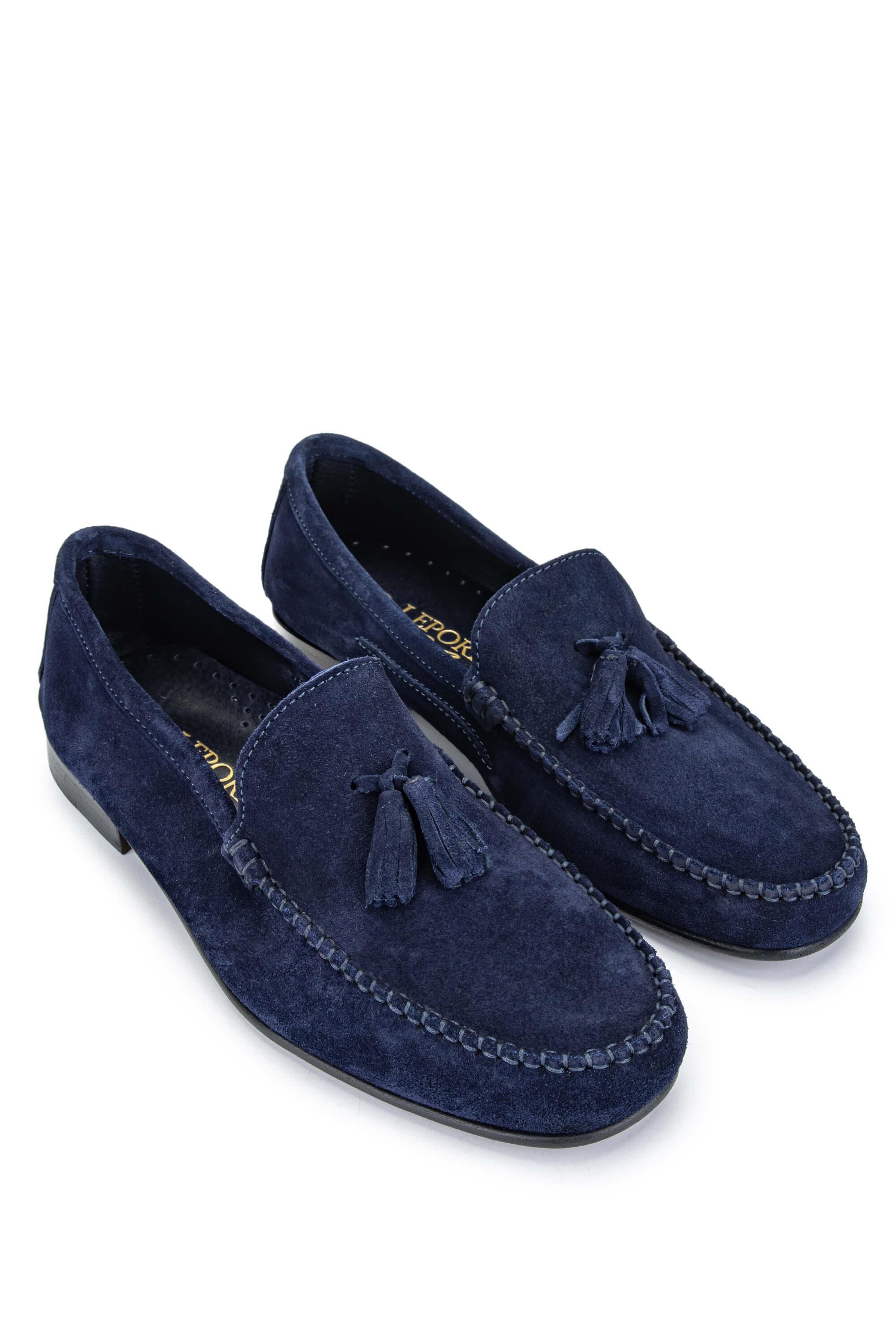 D.LEPORI Erkek Hakiki Deri Lacivert Süet Loafer Ayakkabı
