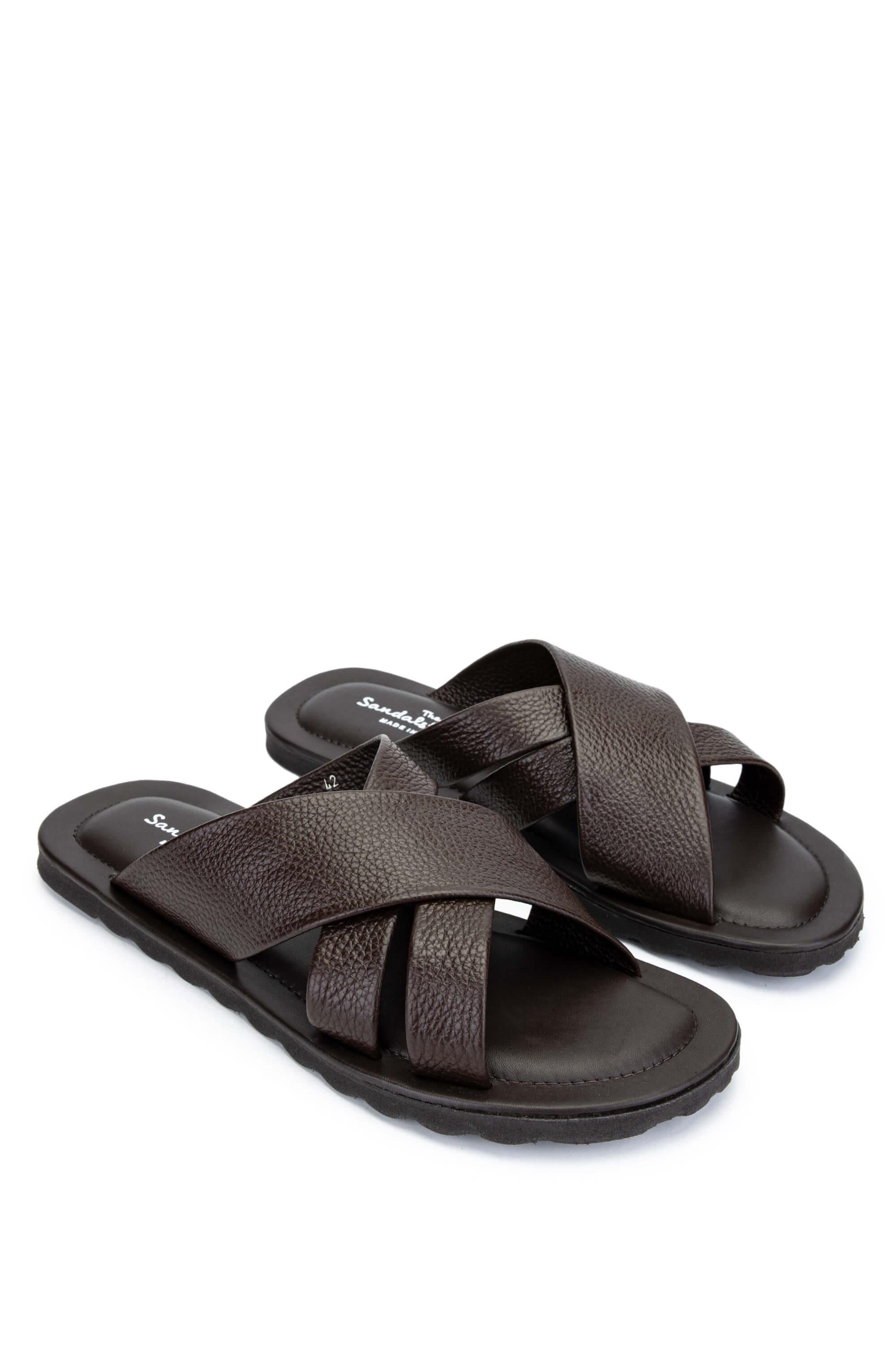 Sandals Factory Erkek Hakiki Deri Kahverengi Düz Terlik