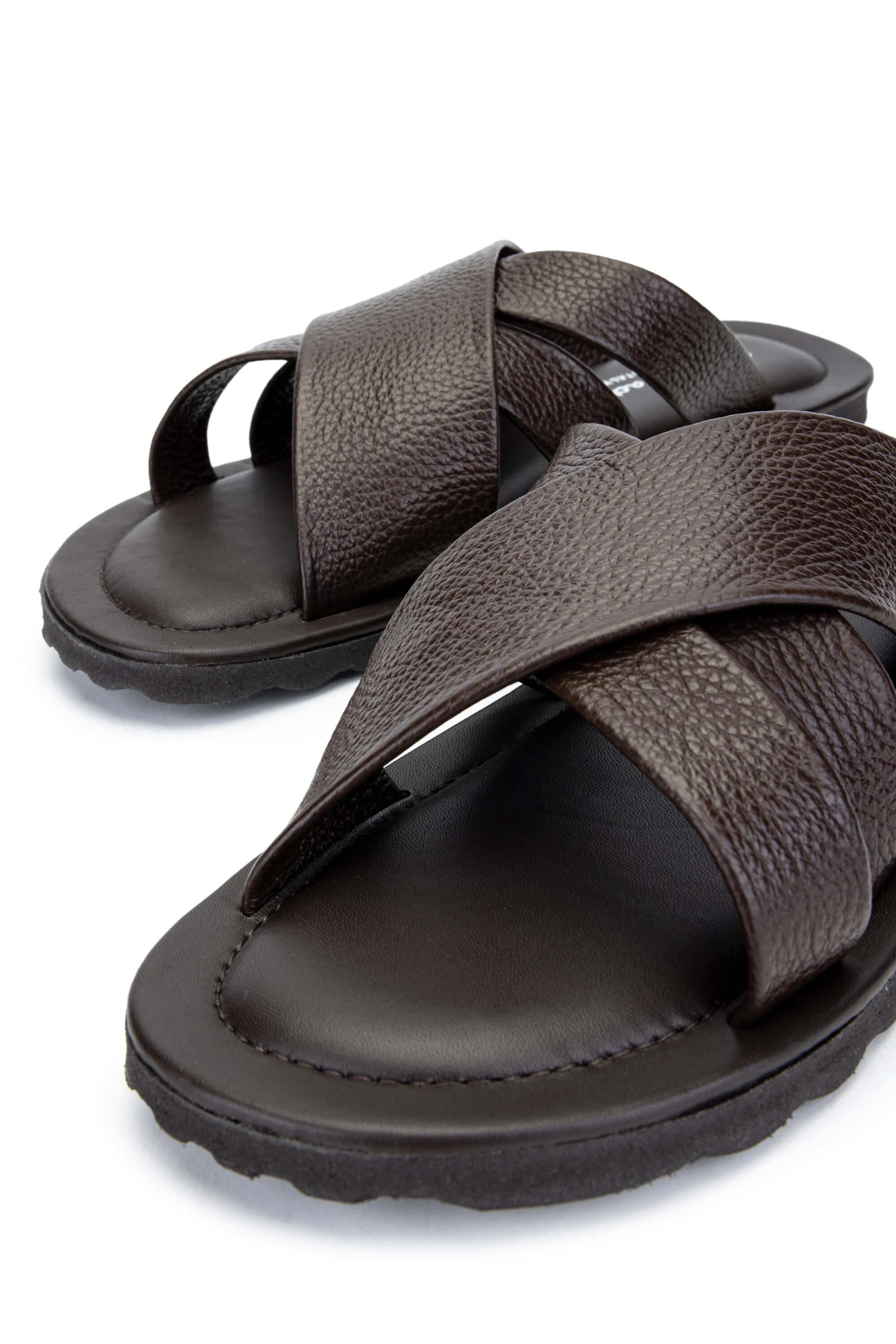 Sandals Factory Erkek Hakiki Deri Kahverengi Düz Terlik