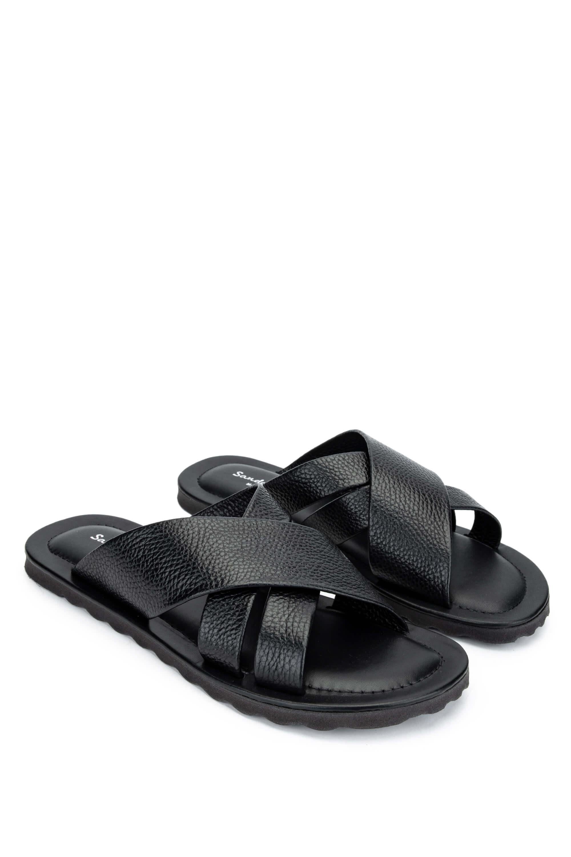 Sandals Factory Erkek Hakiki Deri Siyah Düz Terlik