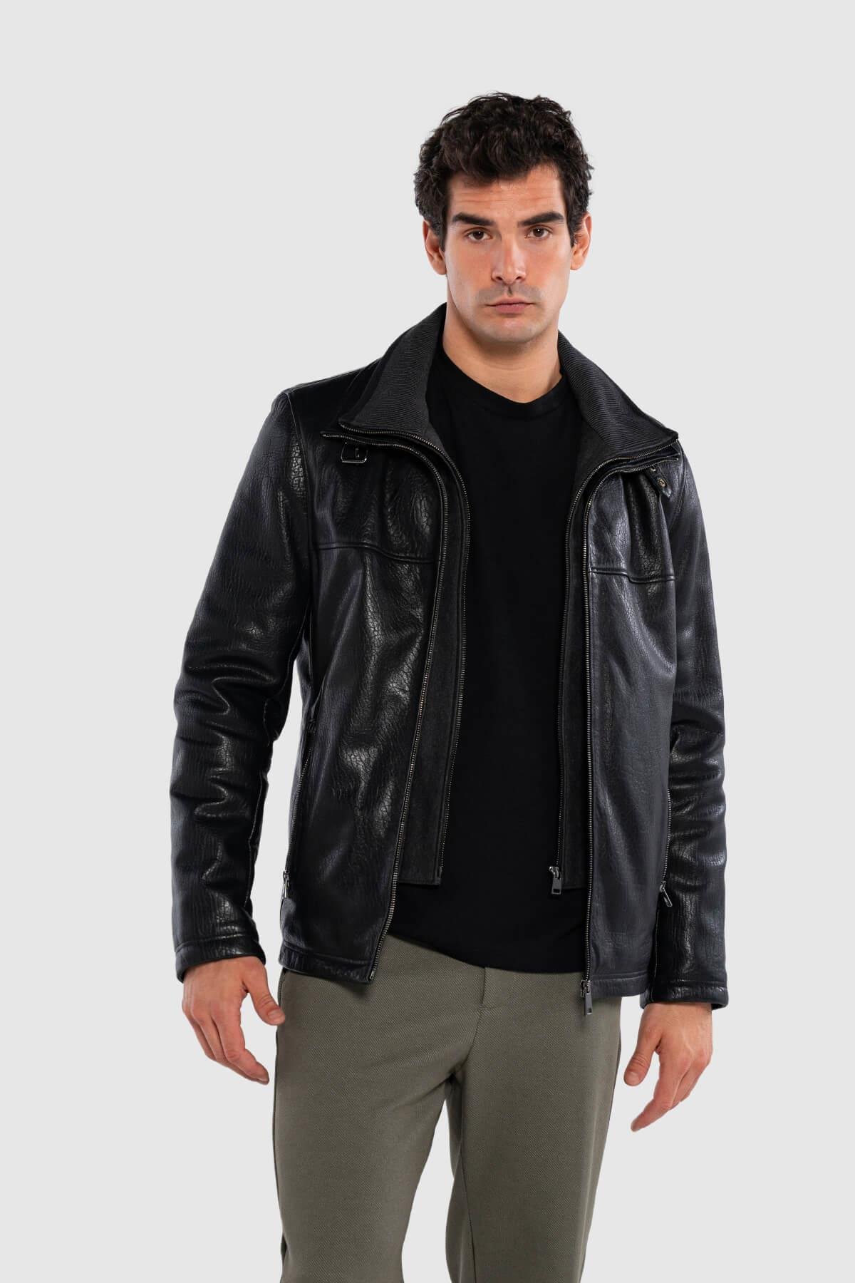 Tamer Tanca Erkek Deri & Tekstil Siyah Jumbo Deri Mont