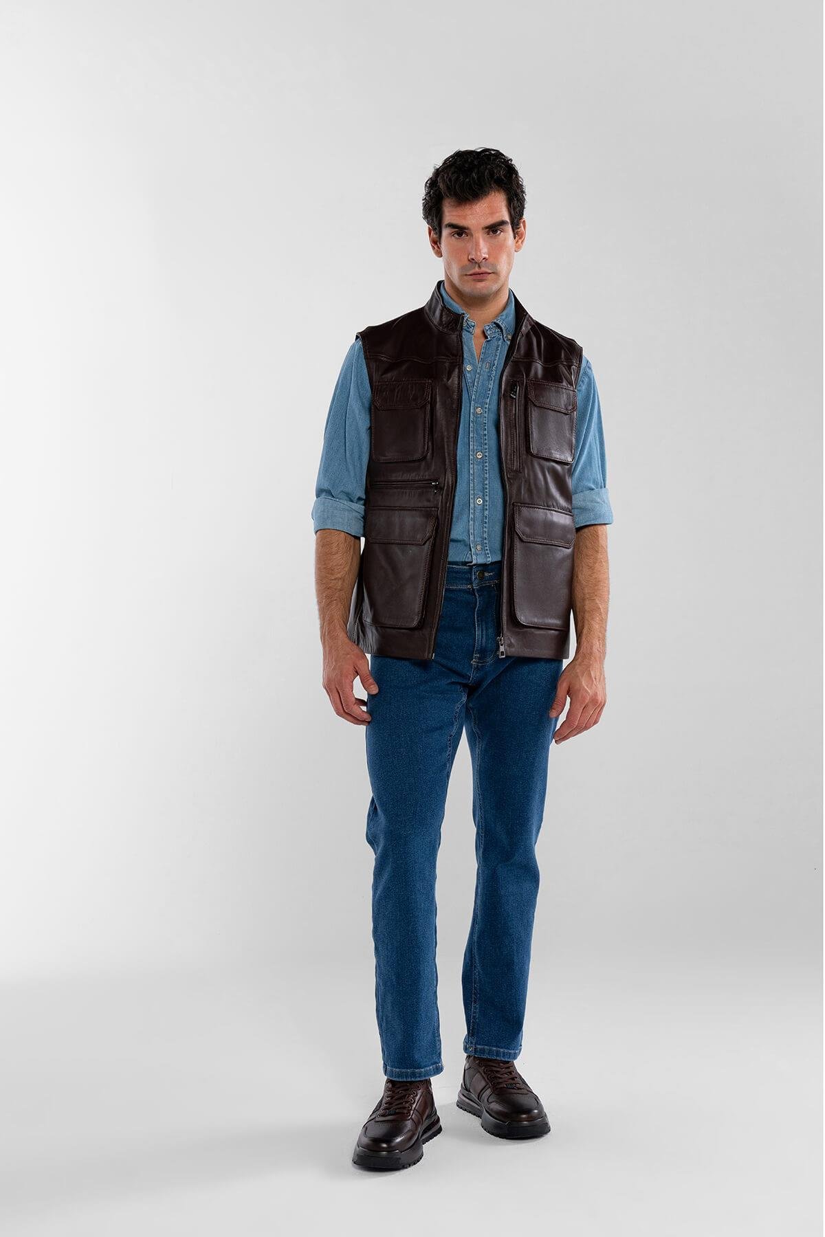 Tamer Tanca Erkek Hakiki Deri Kahverengi Yelek Deri Mont