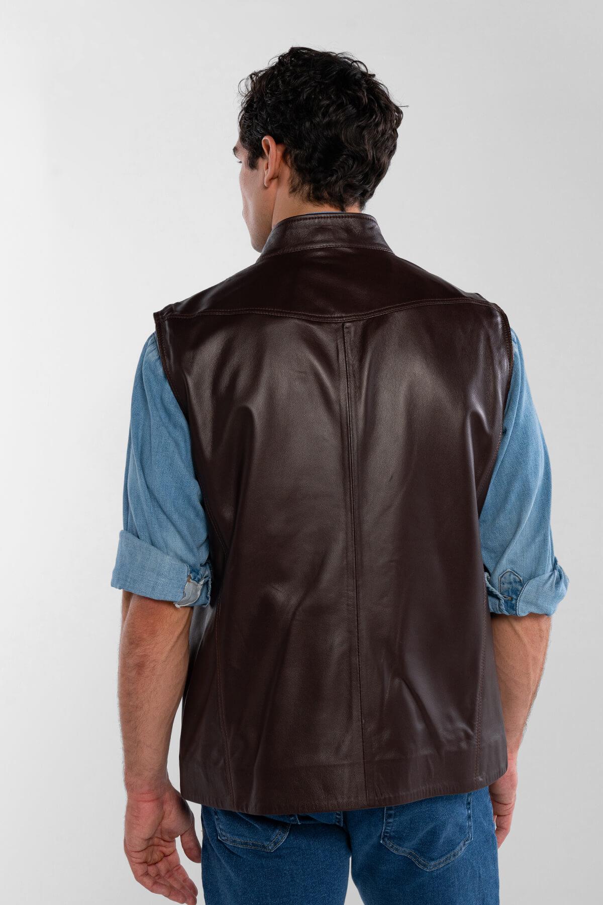 Tamer Tanca Erkek Hakiki Deri Kahverengi Yelek Deri Mont