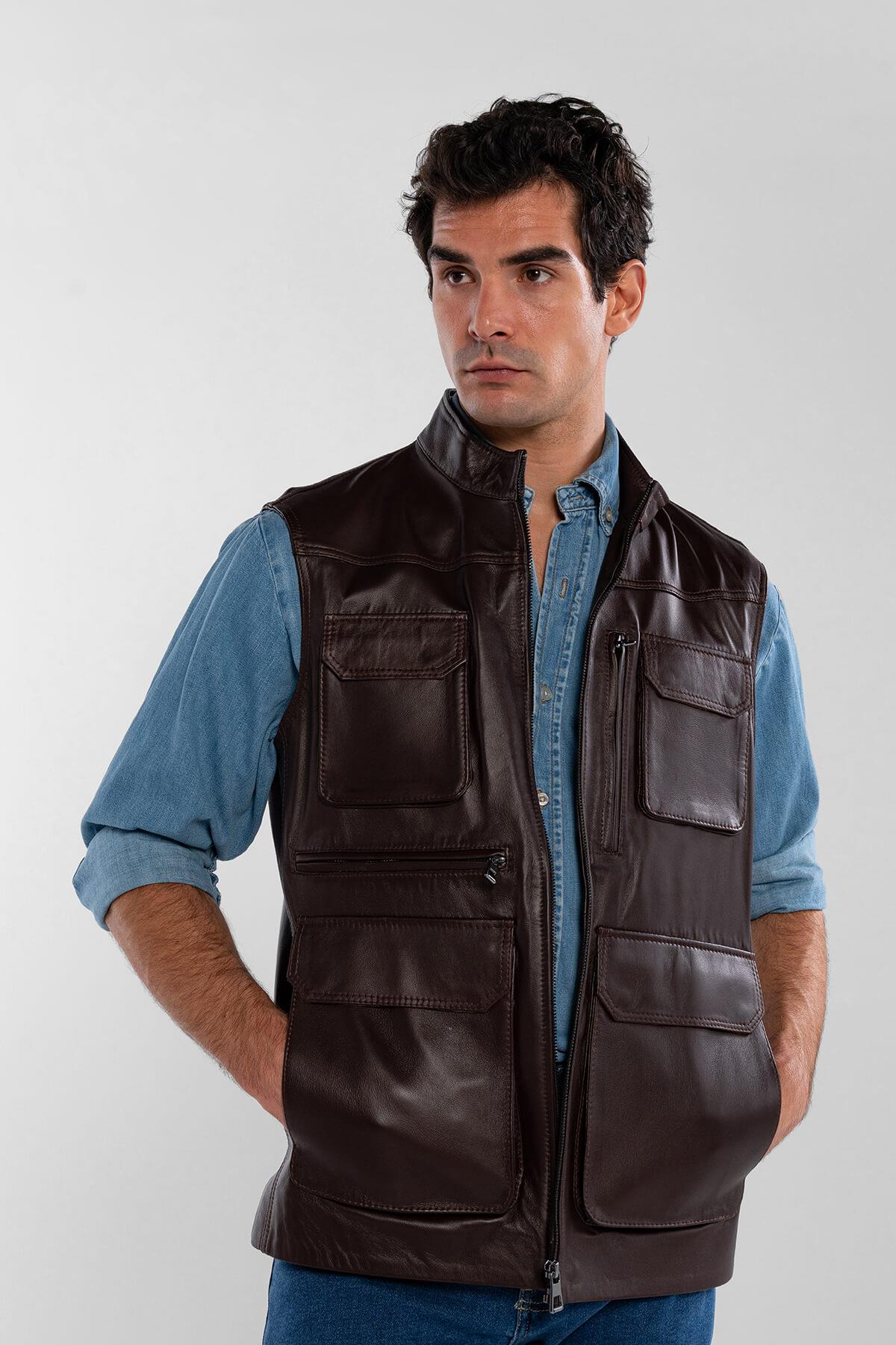 Tamer Tanca Erkek Hakiki Deri Kahverengi Yelek Deri Mont