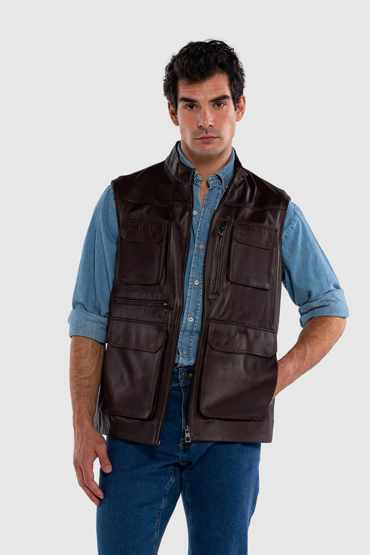 Tamer Tanca Erkek Hakiki Deri Kahverengi Yelek Deri Mont