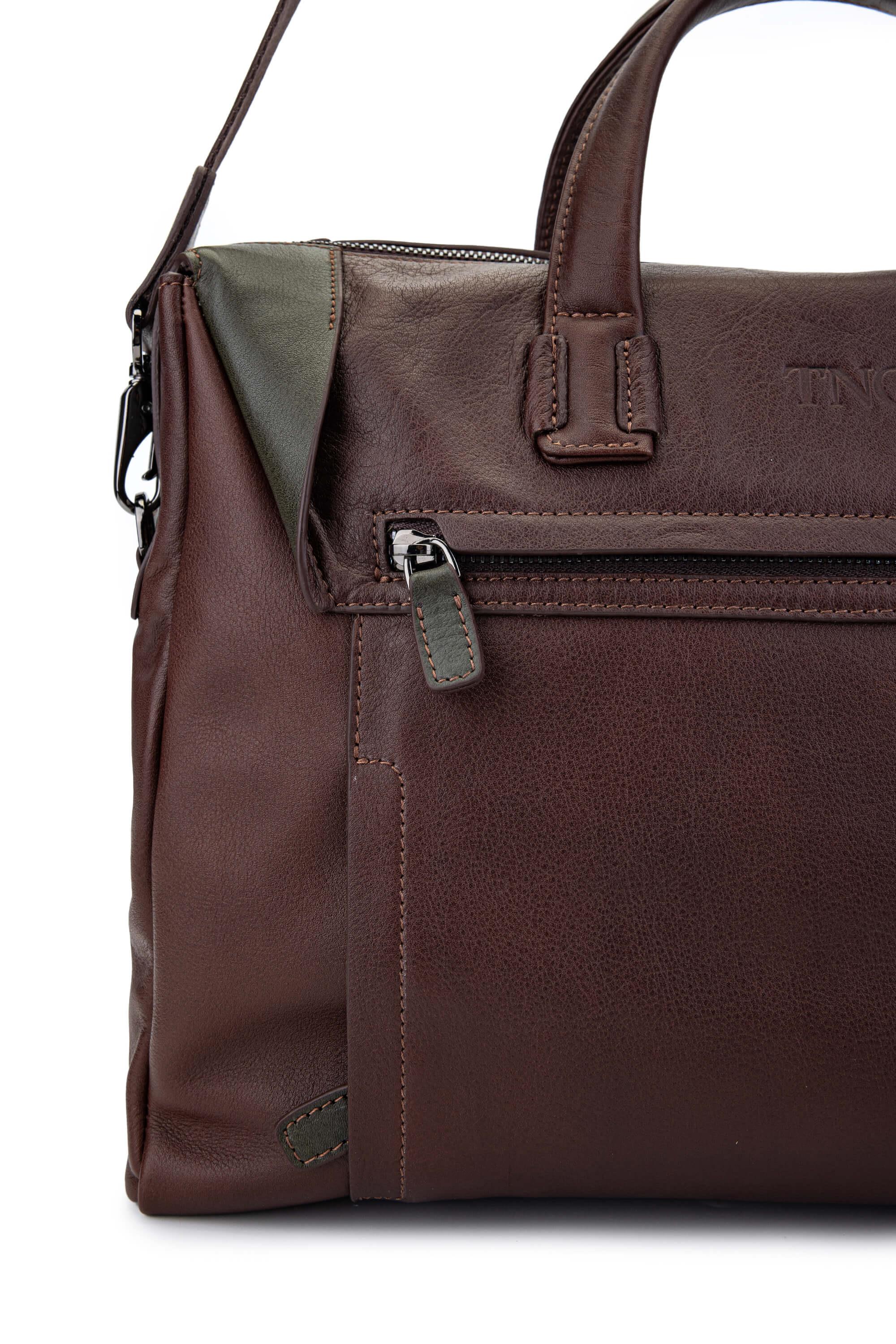 Tamer Tanca Erkek Hakiki Deri Kestane/Yeşil Evrak Çantası
