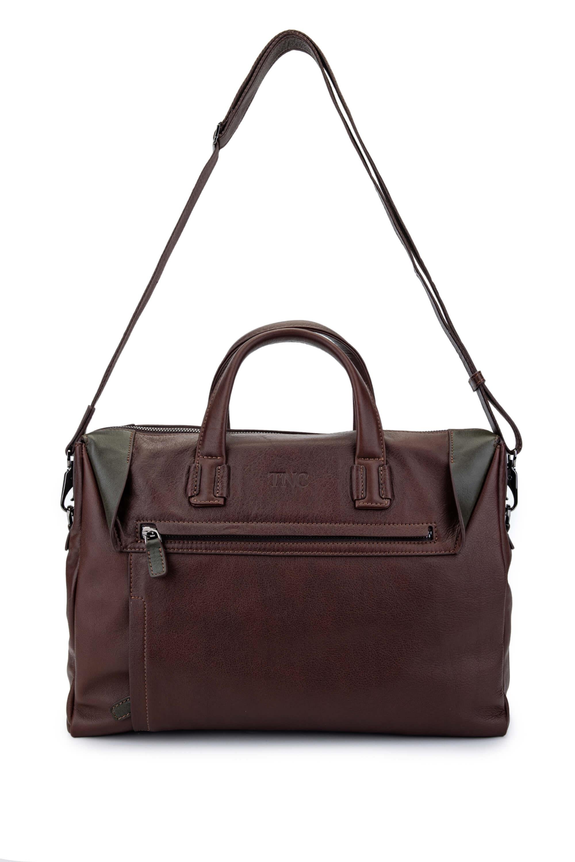 Tamer Tanca Erkek Hakiki Deri Kestane/Yeşil Evrak Çantası