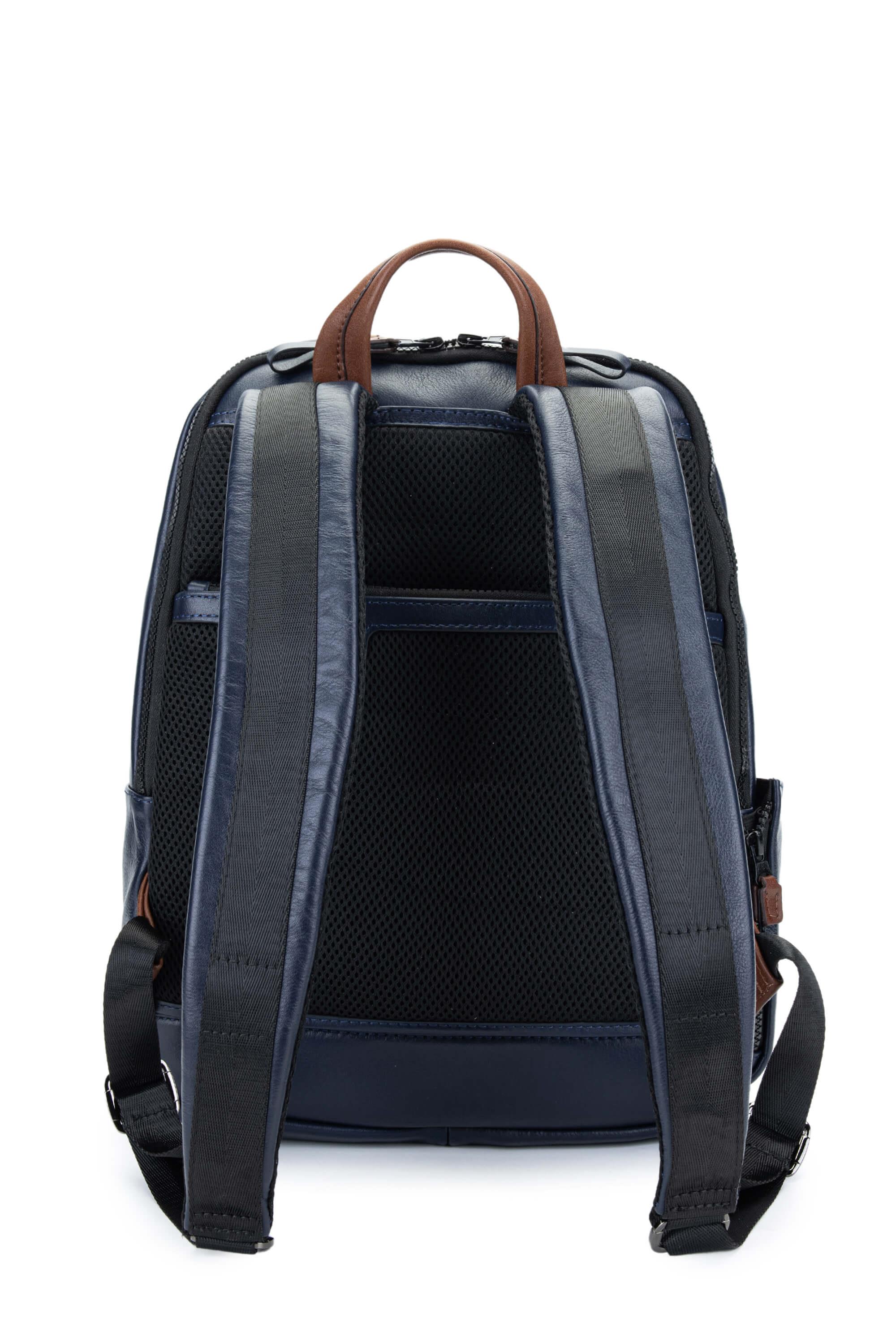 Tamer Tanca Erkek Hakiki Deri Lacivert/Taba Sırt Çantası