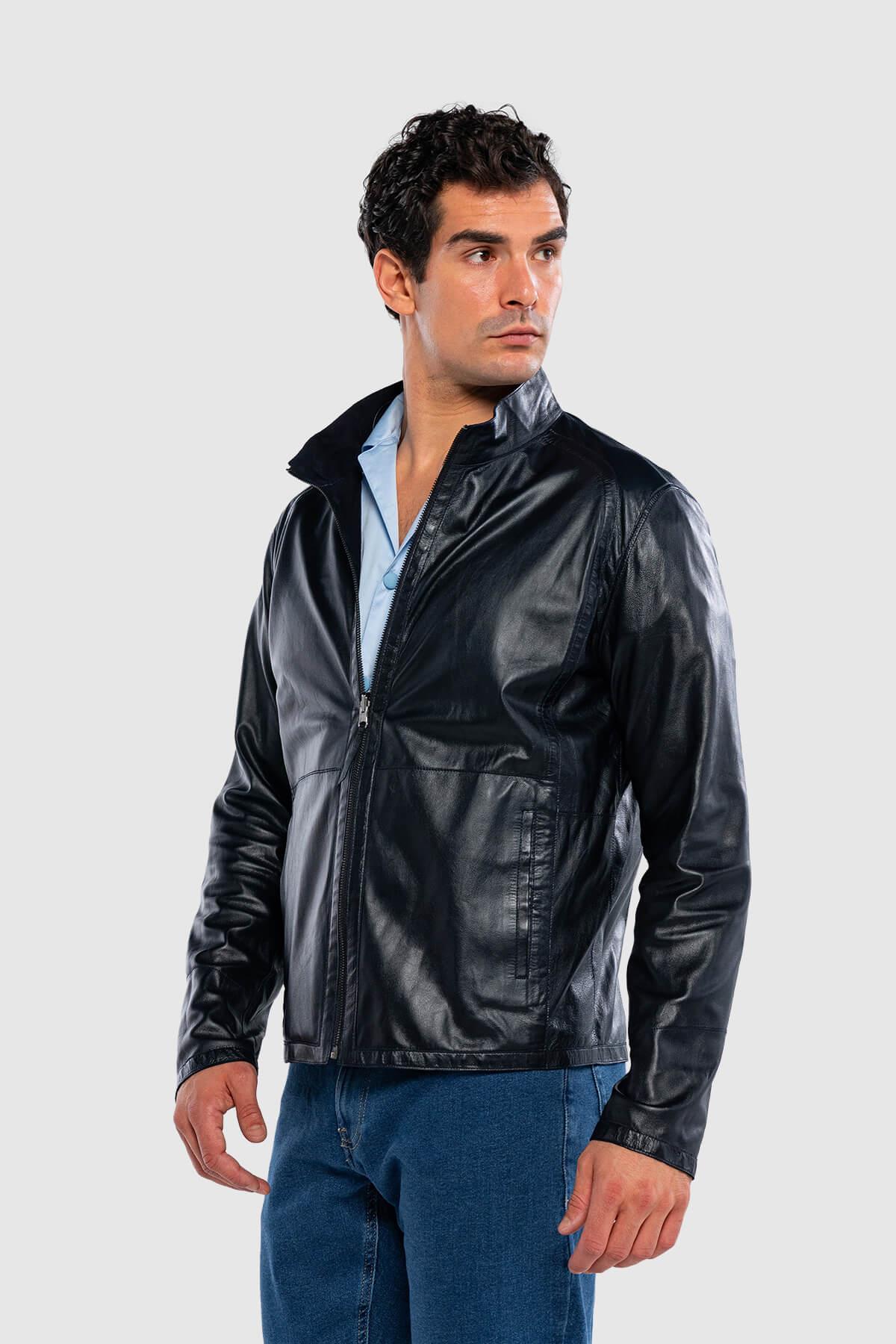 Tamer Tanca Erkek Hakiki Deri Lacivert Süet Deri Mont