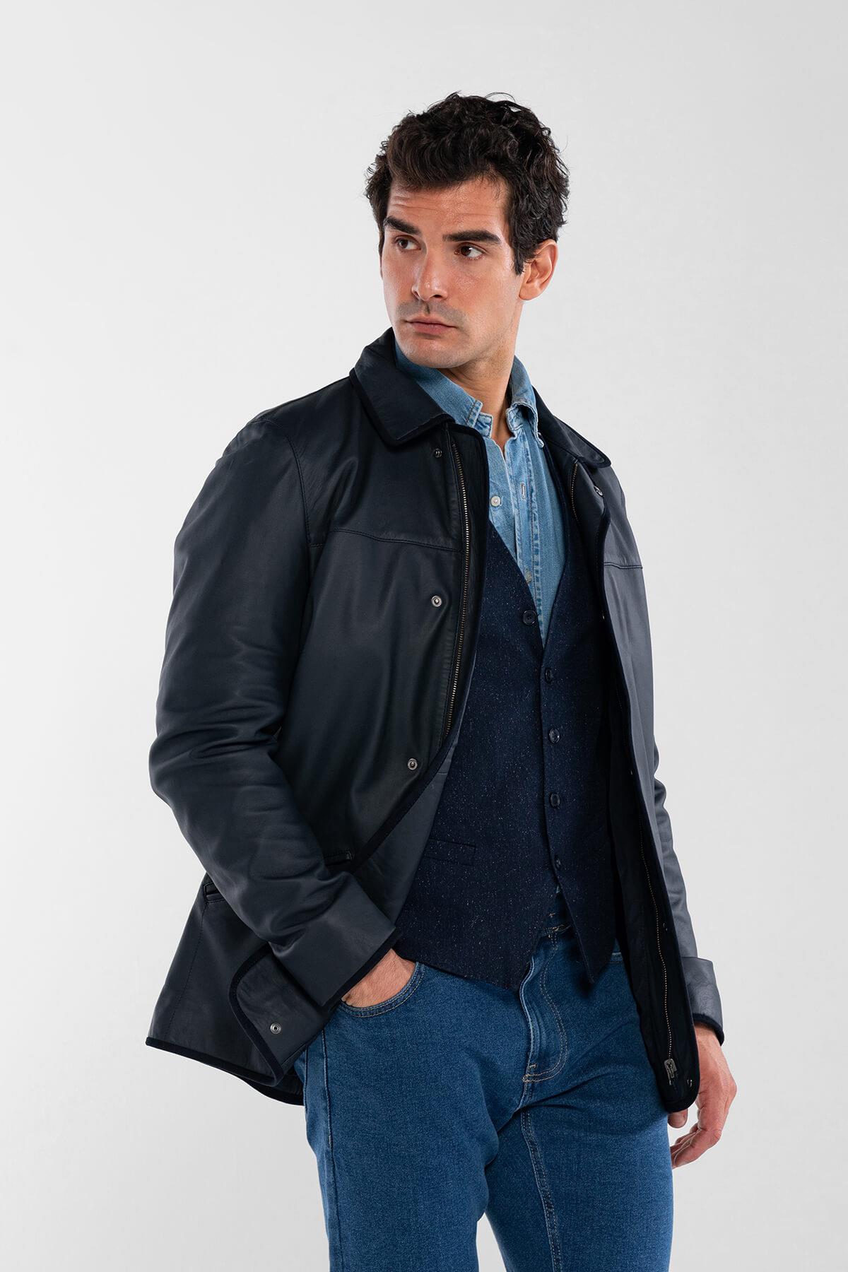 Tamer Tanca Erkek Hakiki Deri Lacivert Deri Mont