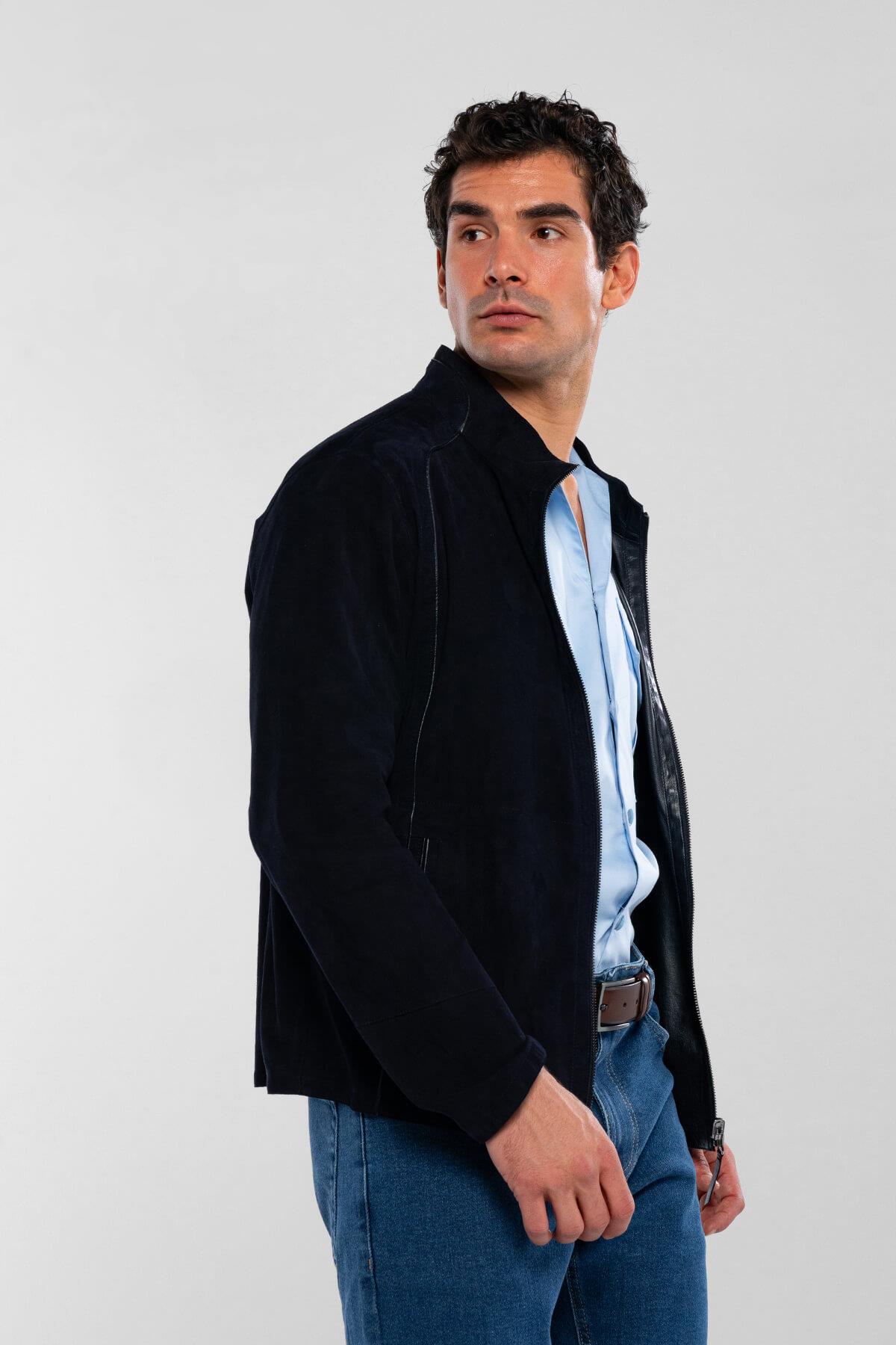 Tamer Tanca Erkek Hakiki Deri Lacivert Süet Deri Mont