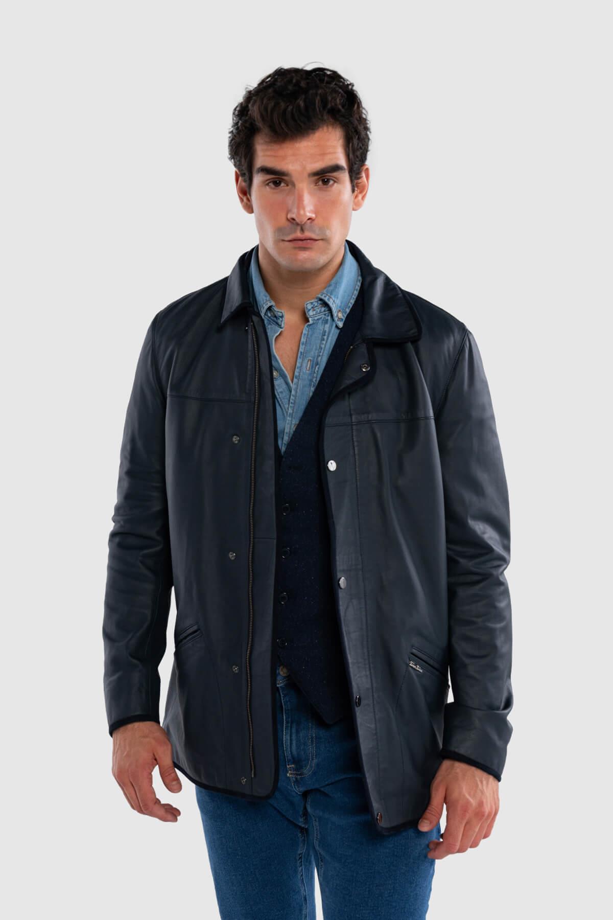 Tamer Tanca Erkek Hakiki Deri Lacivert Deri Mont