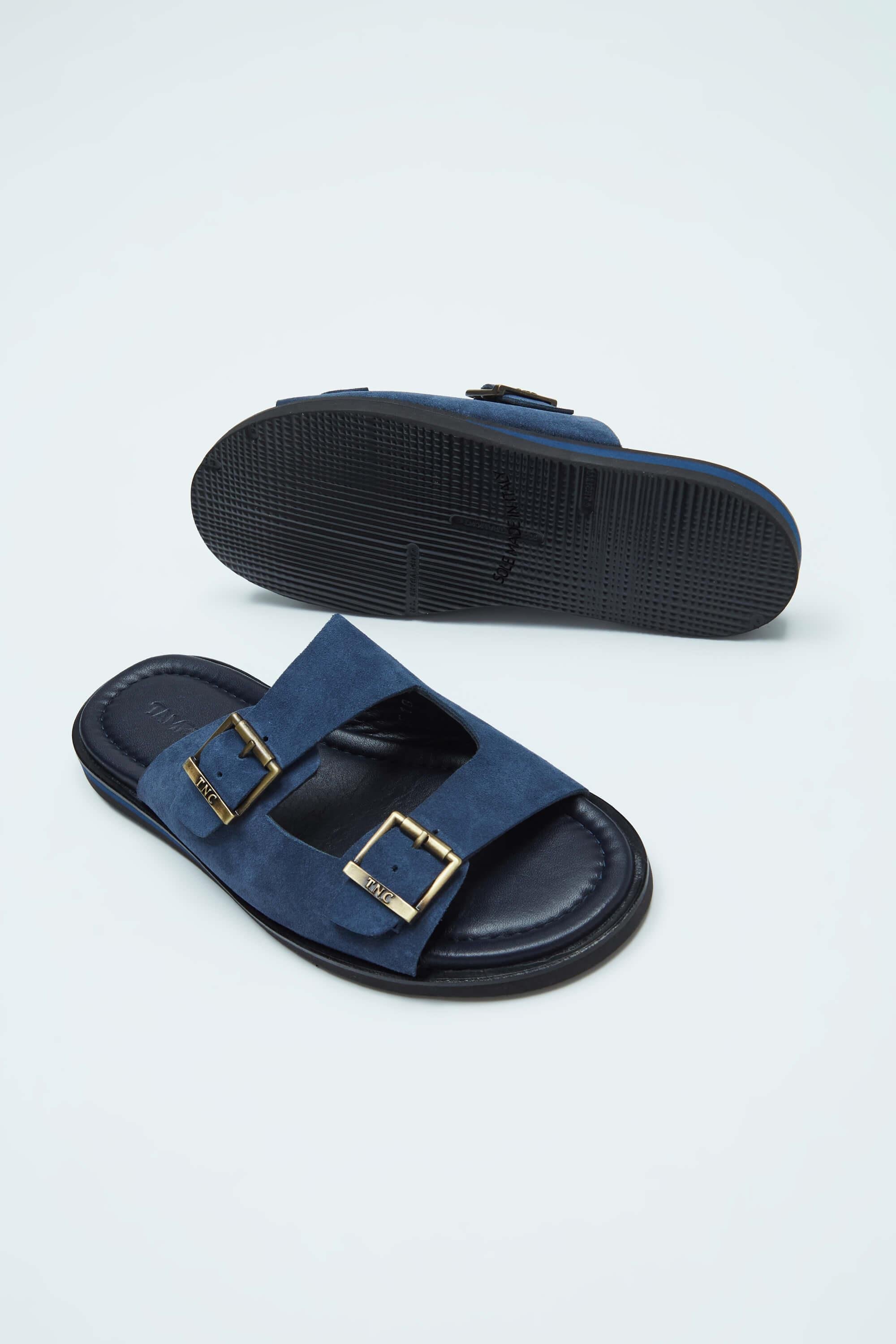 Tamer Tanca Erkek Hakiki Deri Mavi Düz Terlik