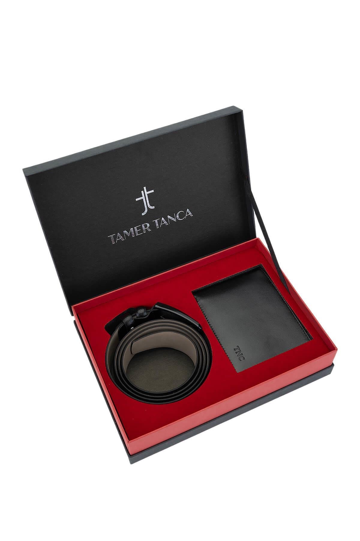 Tamer Tanca Erkek Hakiki Deri Siyah Deri Set Kutusu