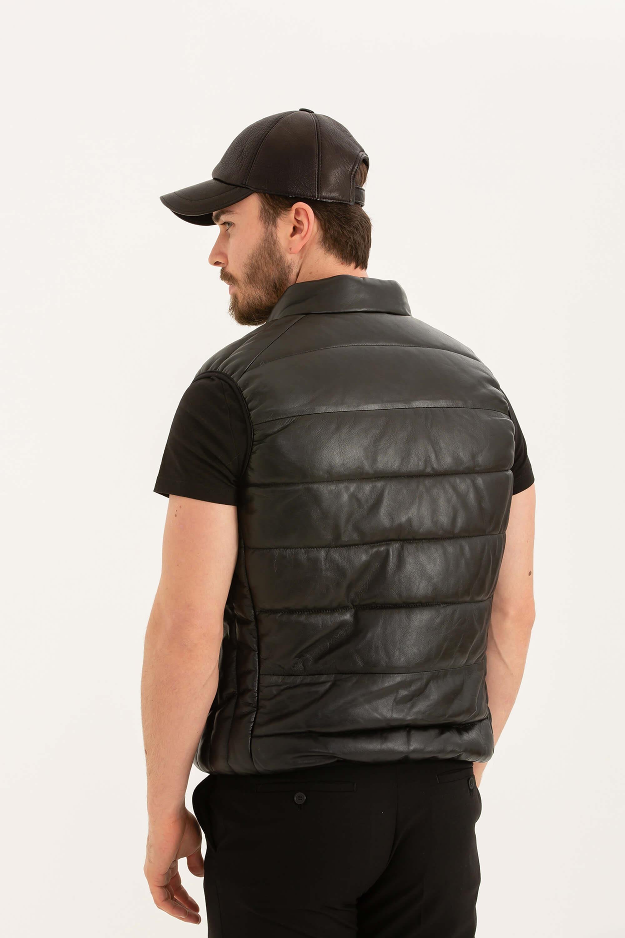 Tamer Tanca Erkek Hakiki Deri Siyah Deri Yelek Deri Mont