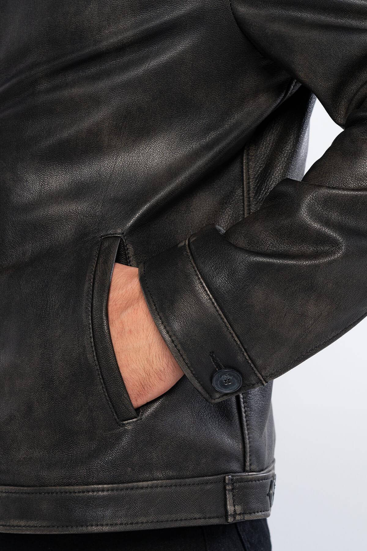 Tamer Tanca Erkek Hakiki Deri Siyah Eskitme Deri Mont