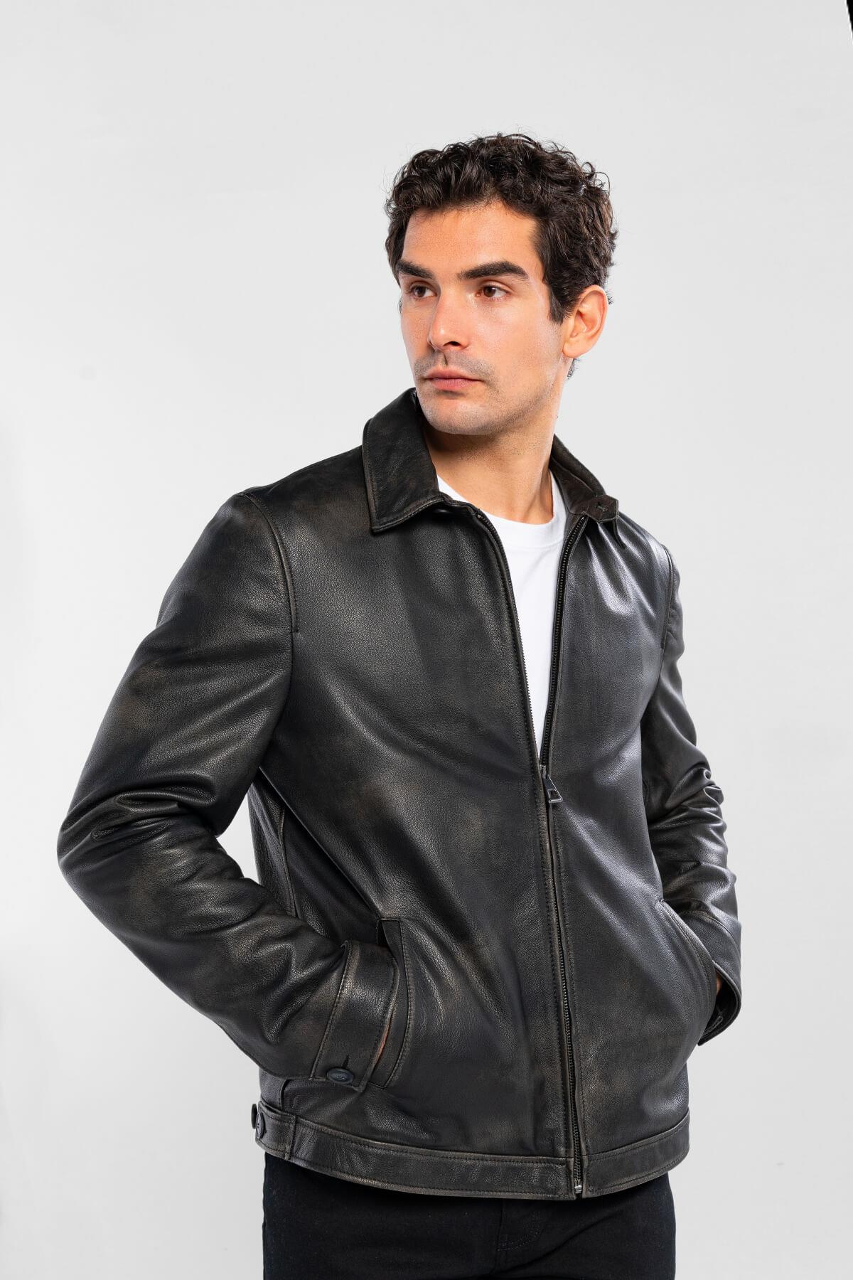 Tamer Tanca Erkek Hakiki Deri Siyah Eskitme Deri Mont