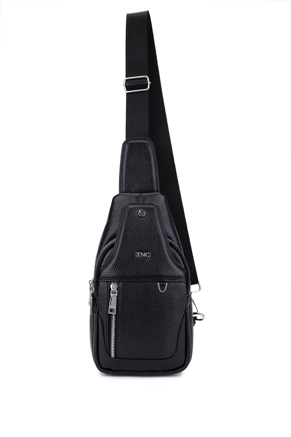 Tamer Tanca Erkek Hakiki Deri Siyah Floter Body Bag Çanta