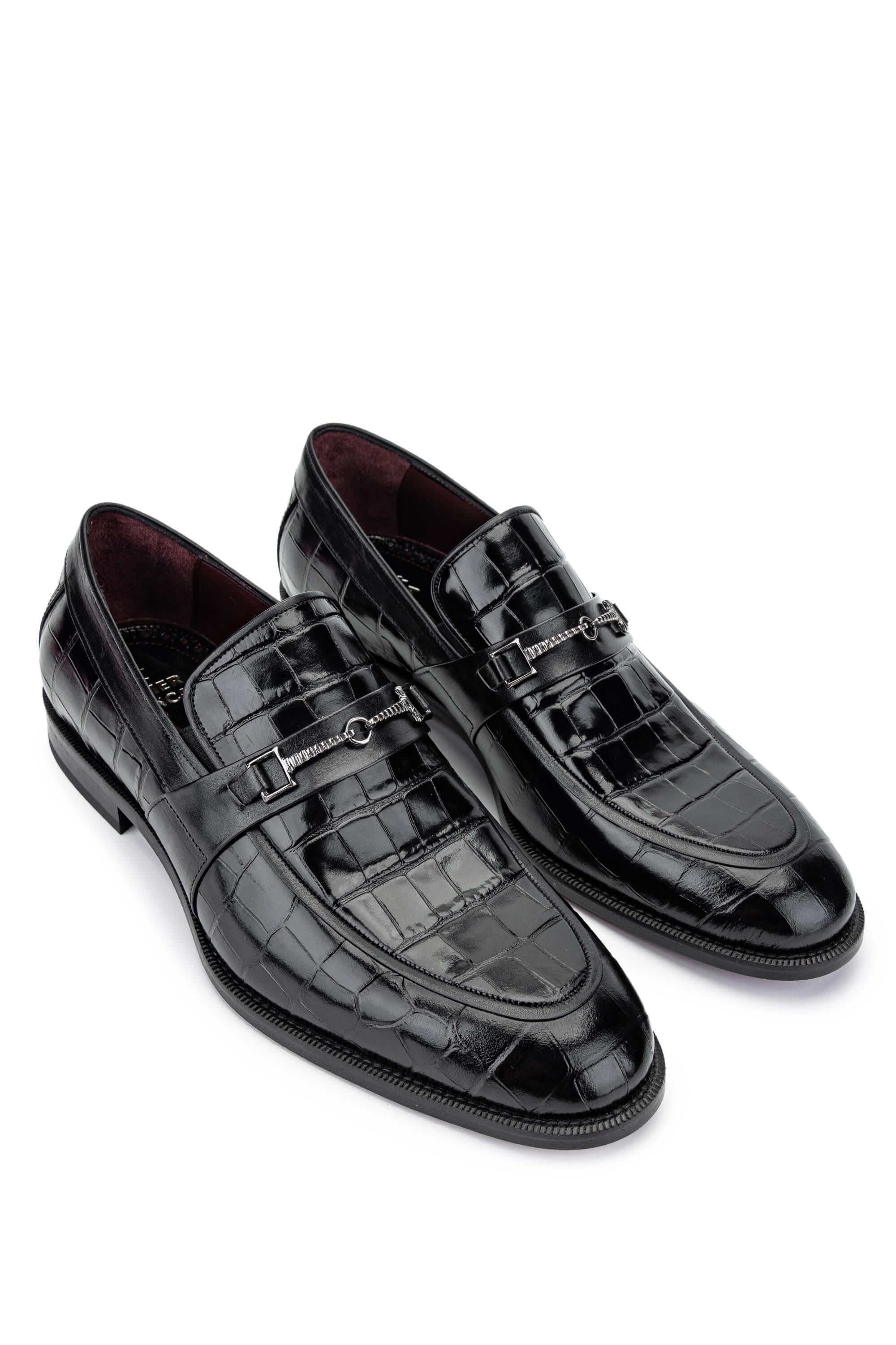 Tamer Tanca Erkek Hakiki Deri Siyah Kroko Loafer Ayakkabı