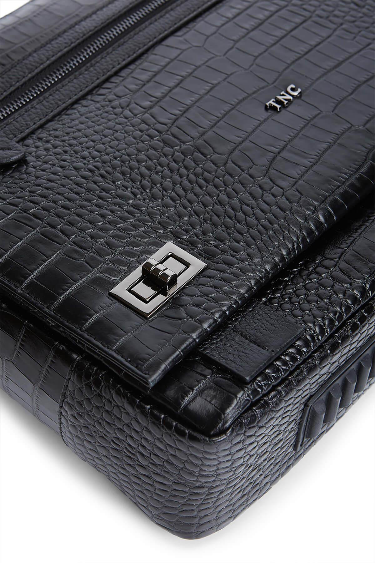 Tamer Tanca Erkek Hakiki Deri Siyah Kroko Evrak Çantası