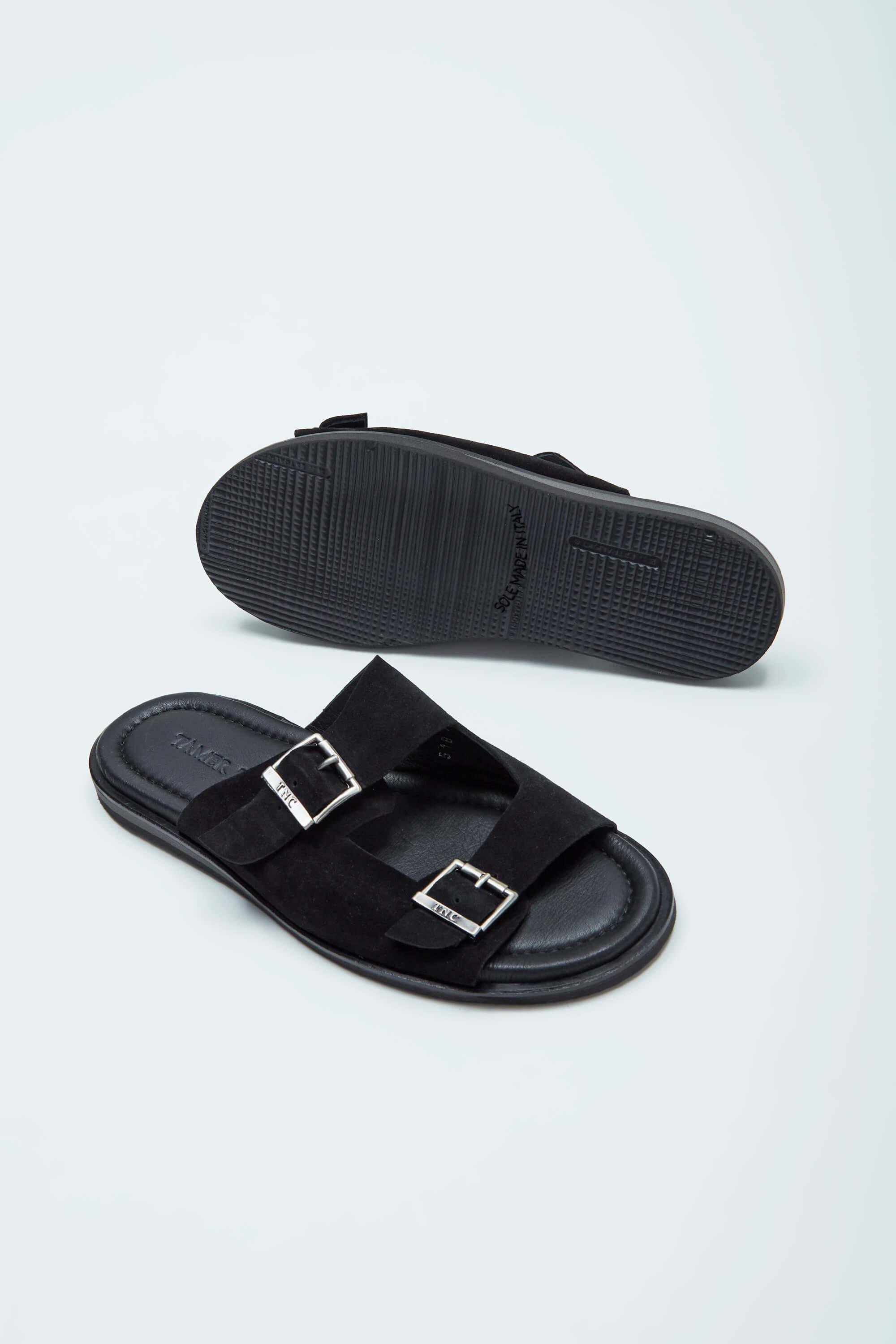 Tamer Tanca Erkek Hakiki Deri Siyah Süet Düz Terlik