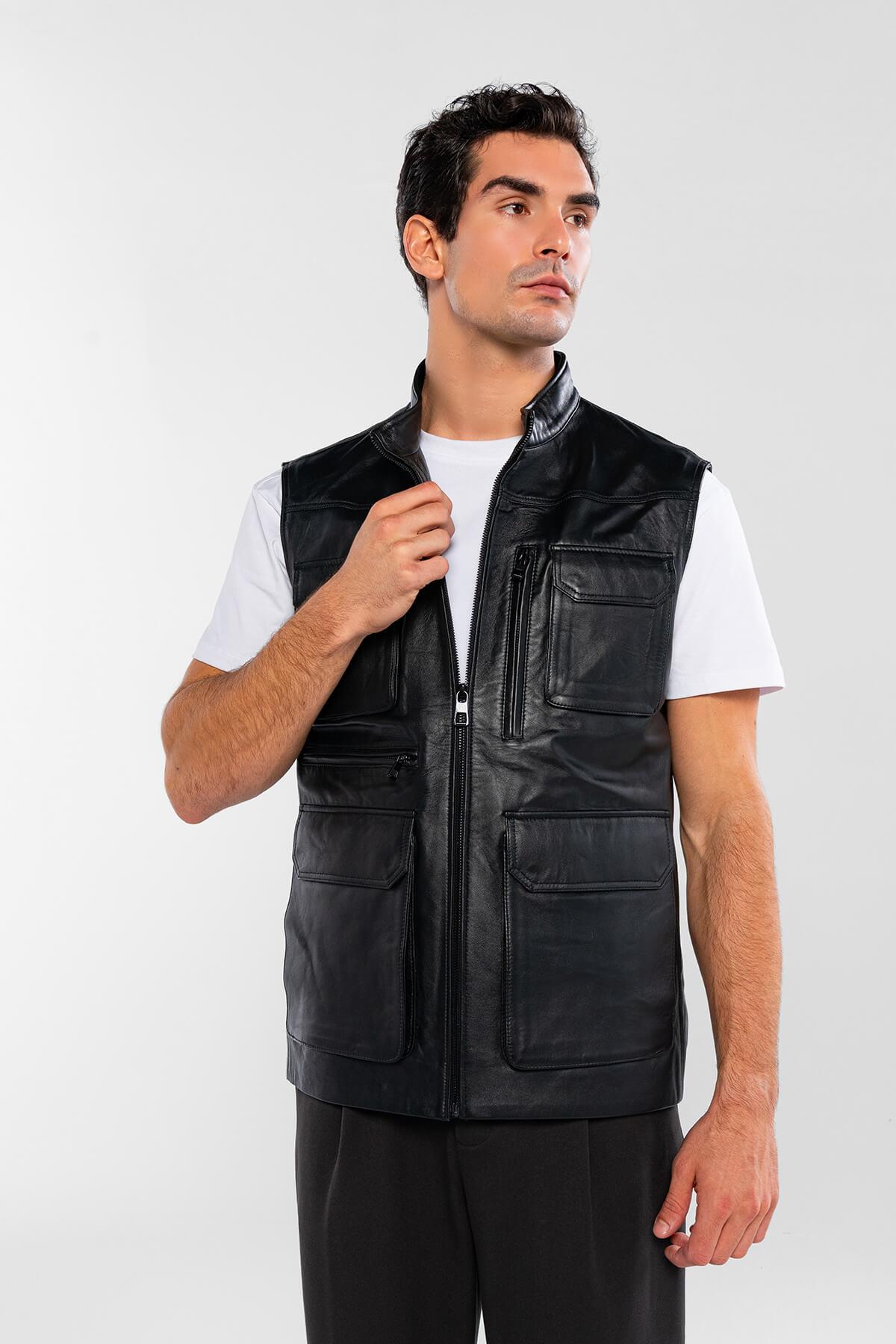 Tamer Tanca Erkek Hakiki Deri Siyah Yelek Deri Mont