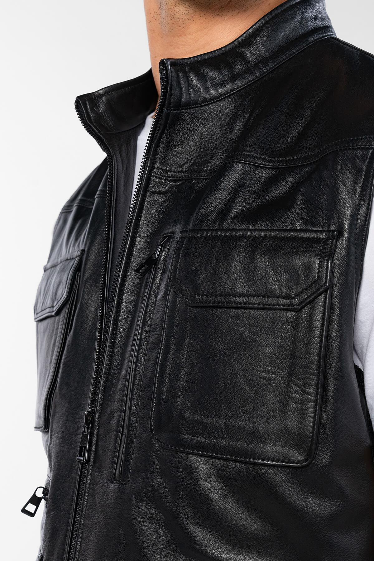 Tamer Tanca Erkek Hakiki Deri Siyah Yelek Deri Mont