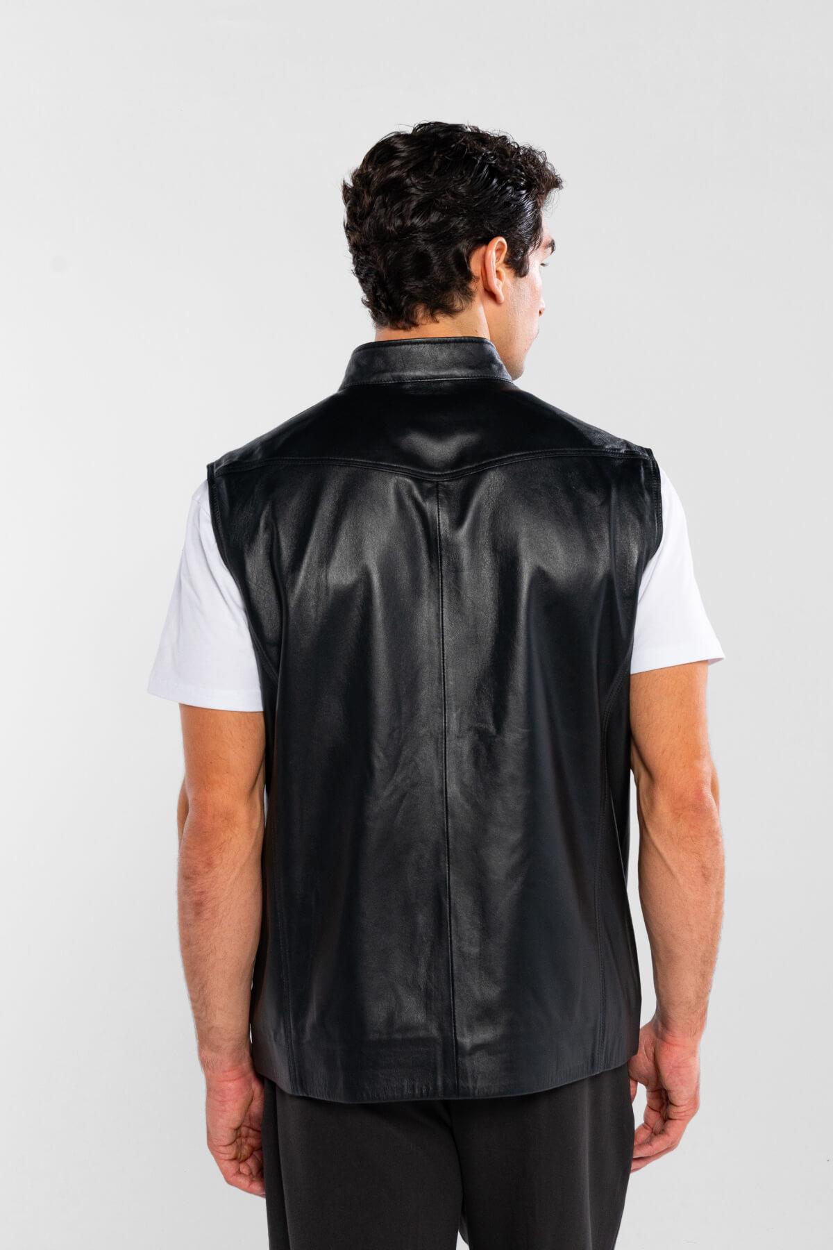 Tamer Tanca Erkek Hakiki Deri Siyah Yelek Deri Mont