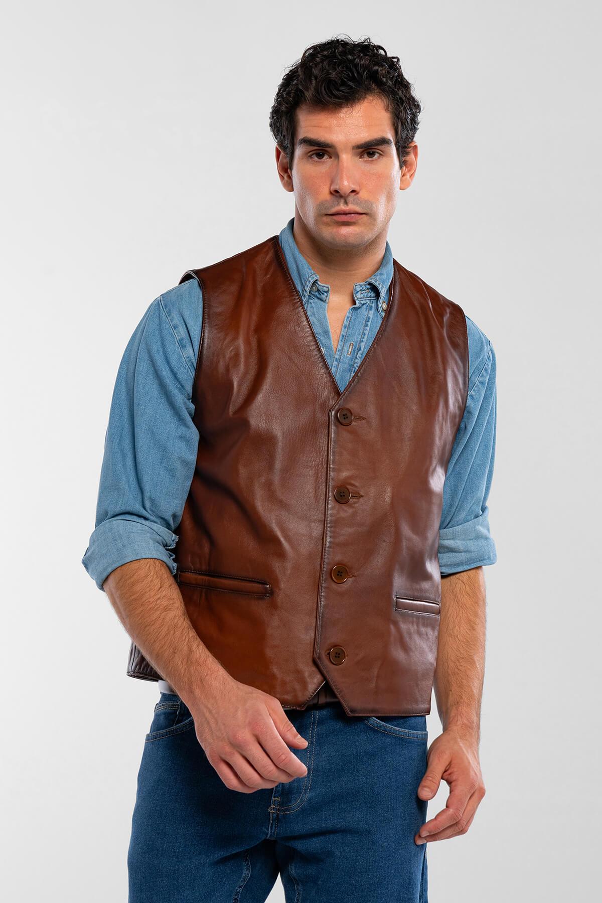 Tamer Tanca Erkek Hakiki Deri Taba Yelek Deri Mont