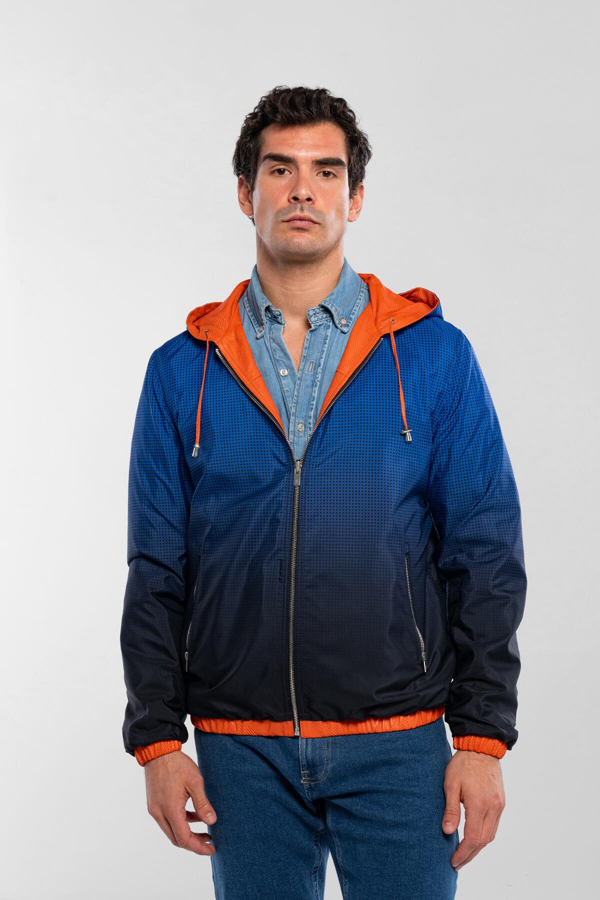 Tamer Tanca Erkek Hakiki Deri Turuncu/Mavi Deri Mont