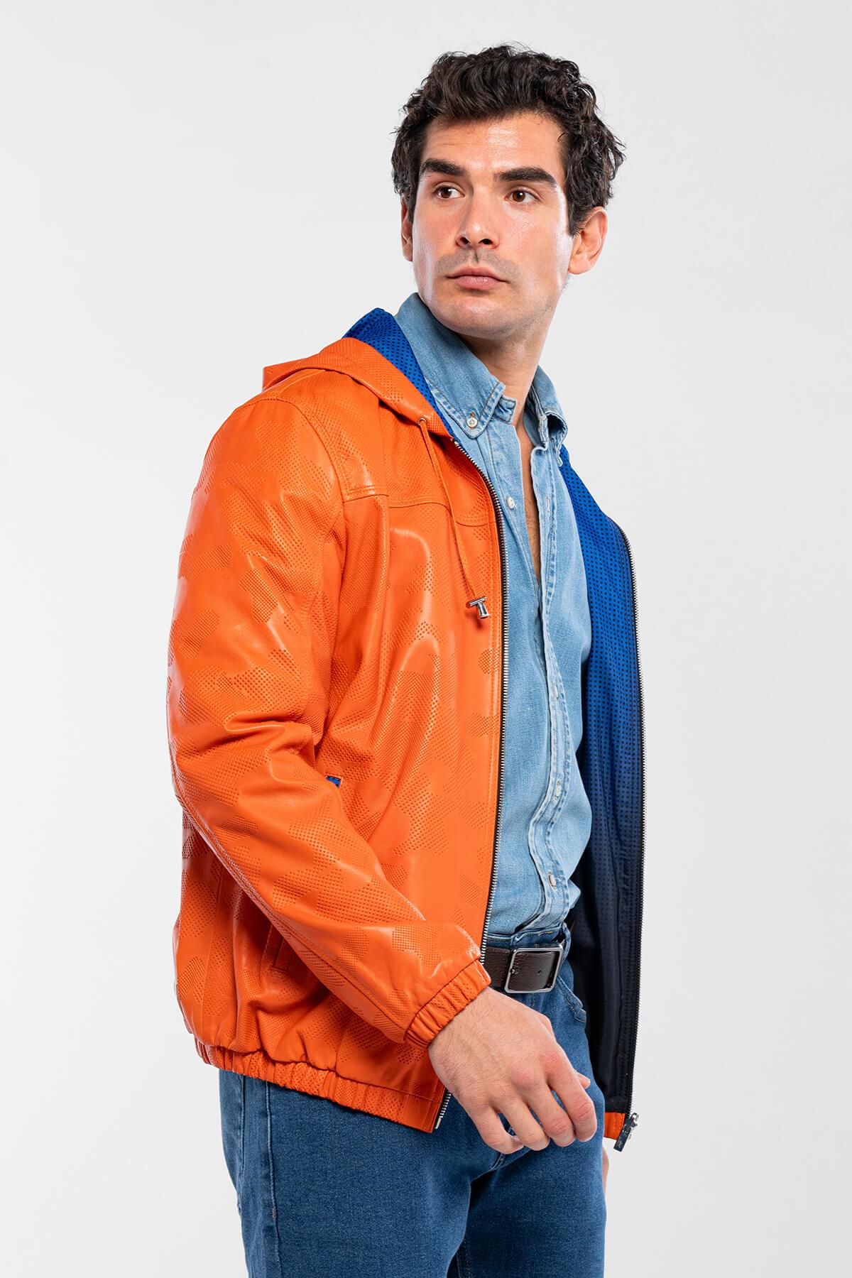 Tamer Tanca Erkek Hakiki Deri Turuncu/Mavi Deri Mont