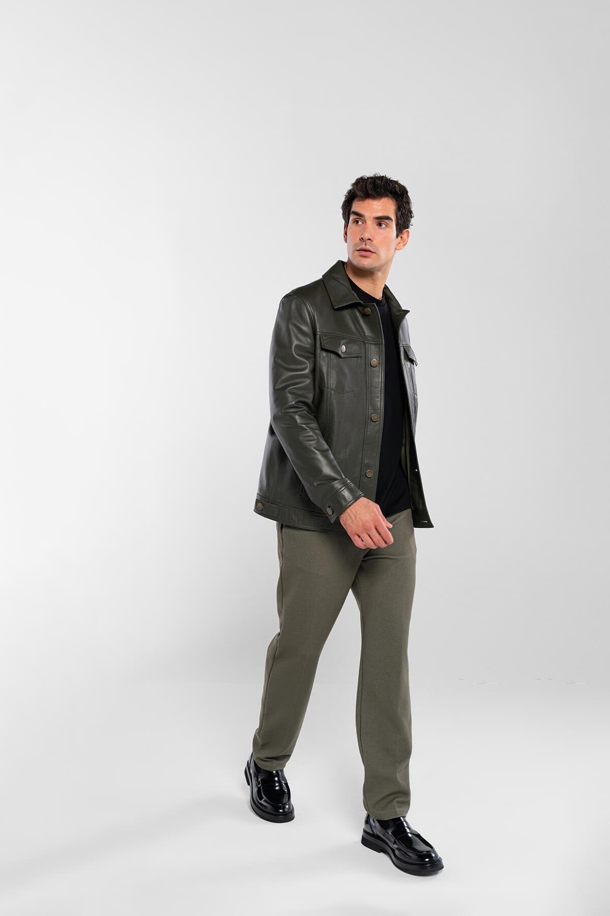 Tamer Tanca Erkek Hakiki Deri Yeşil Deri Mont