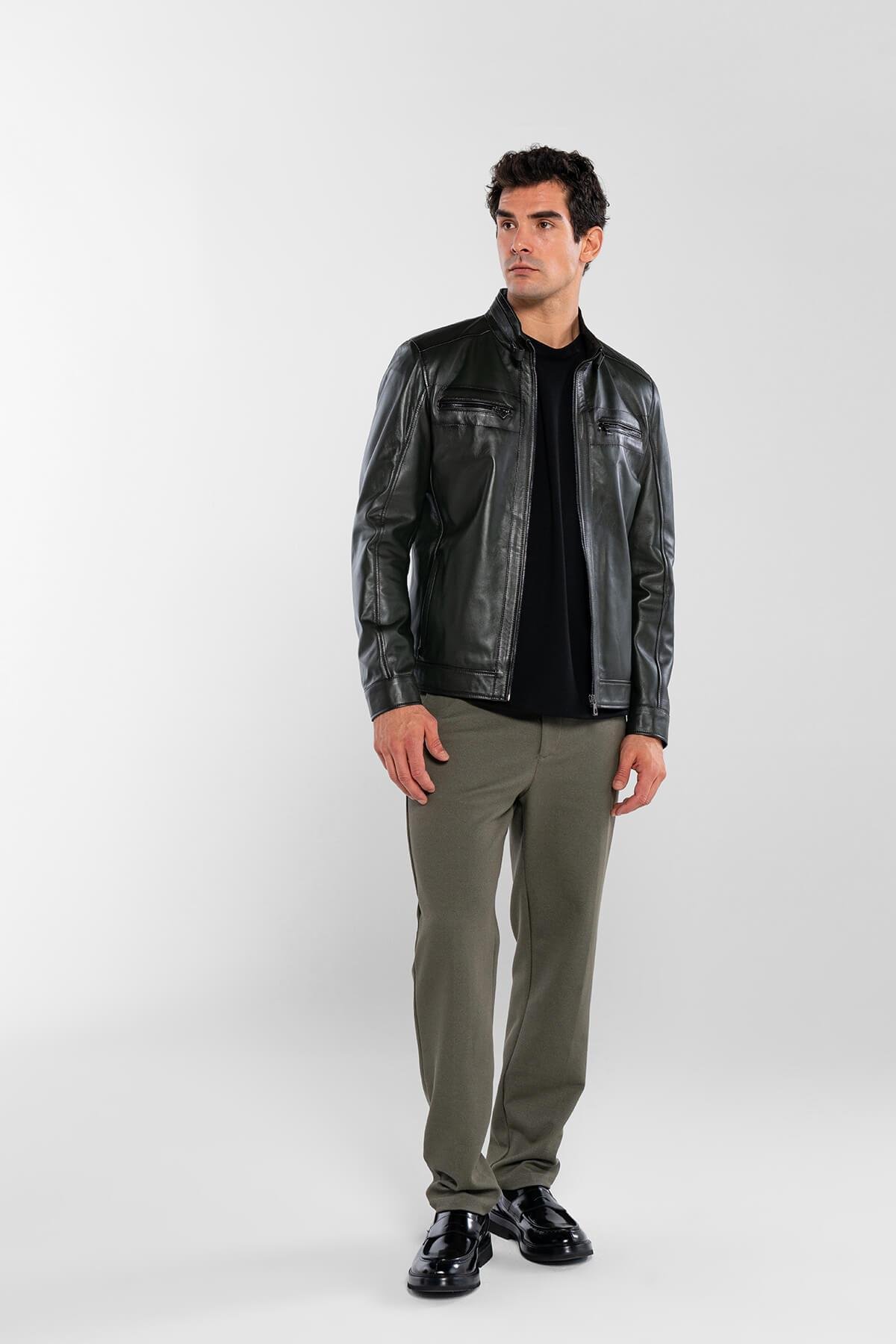 Tamer Tanca Erkek Hakiki Deri Yeşil Deri Mont